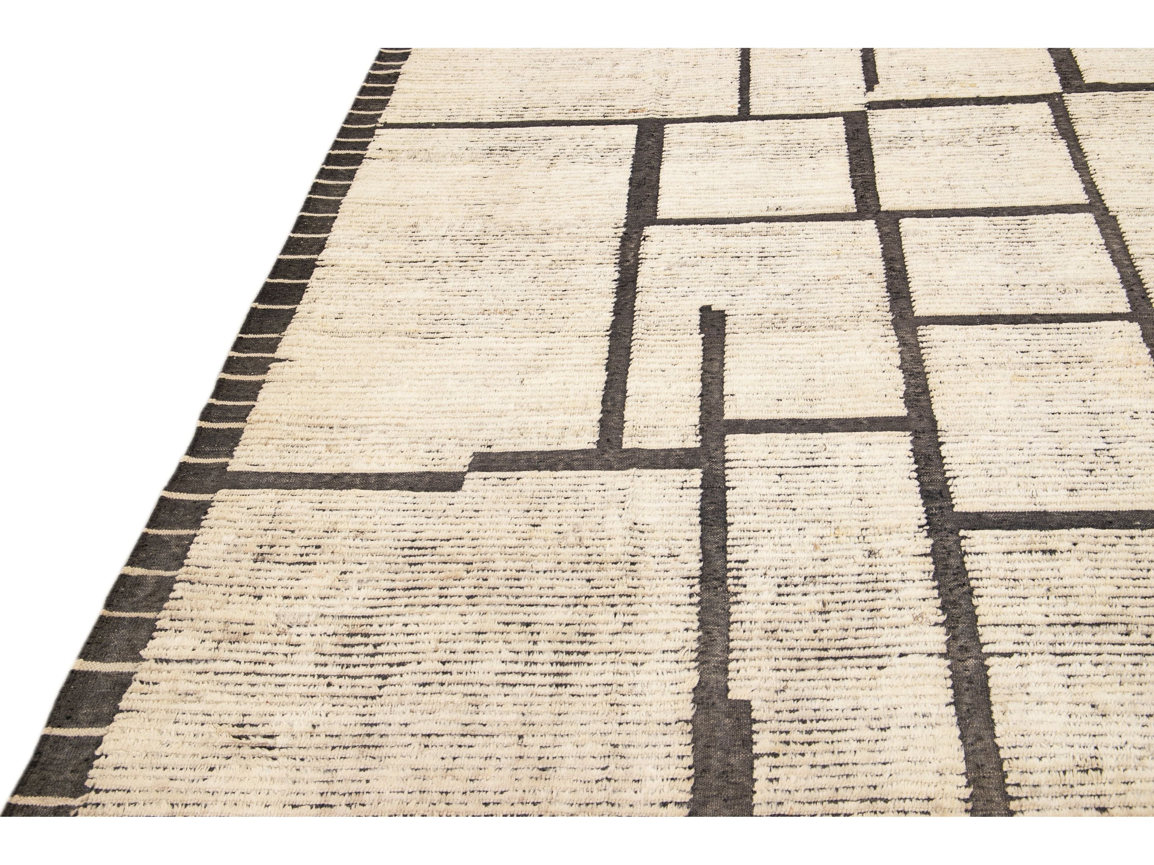 Modern Moroccan Style Beige Handmade Minimal Boho Oversize Wool Rug