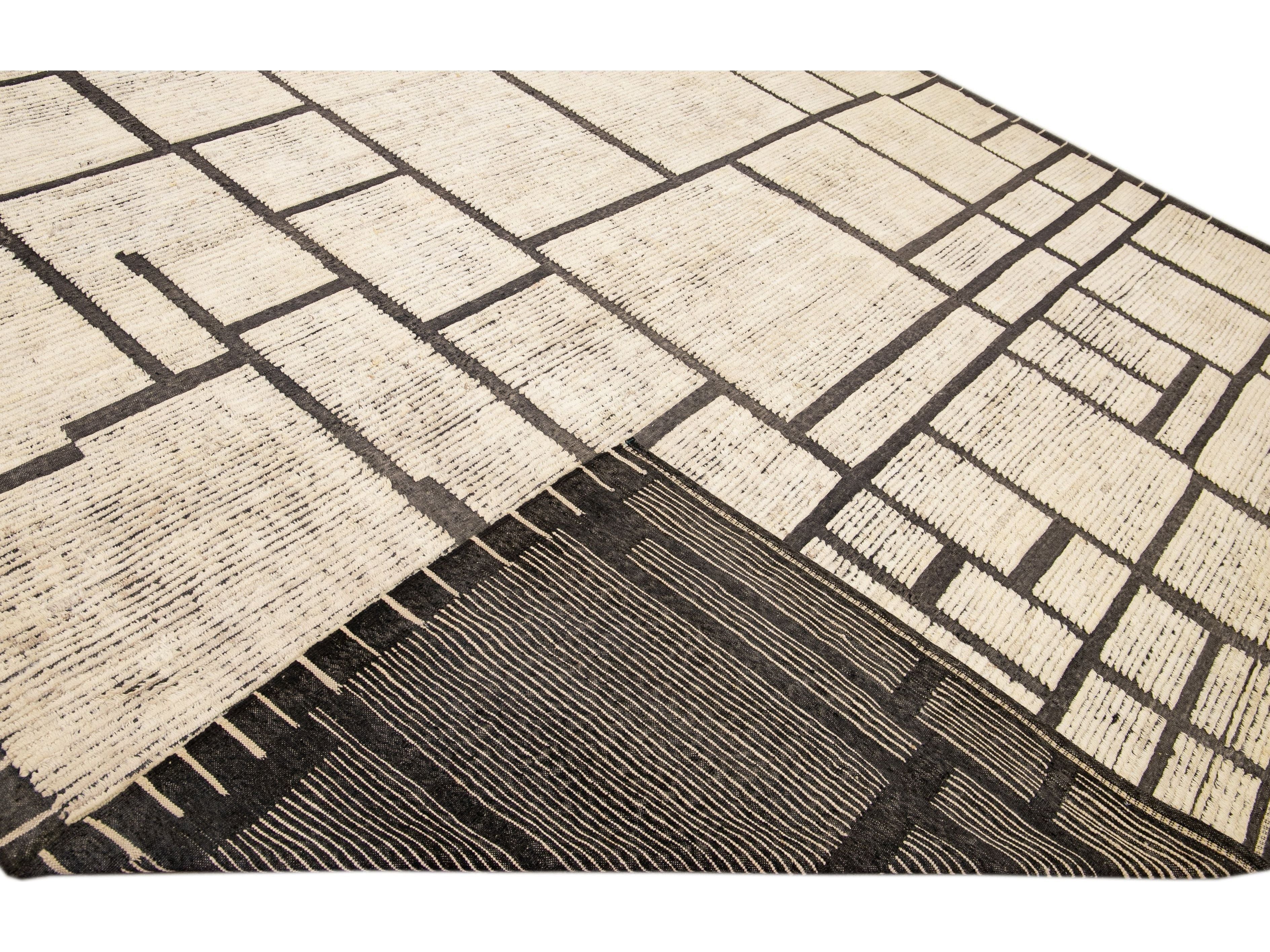 Modern Moroccan Style Beige Handmade Minimal Boho Oversize Wool Rug