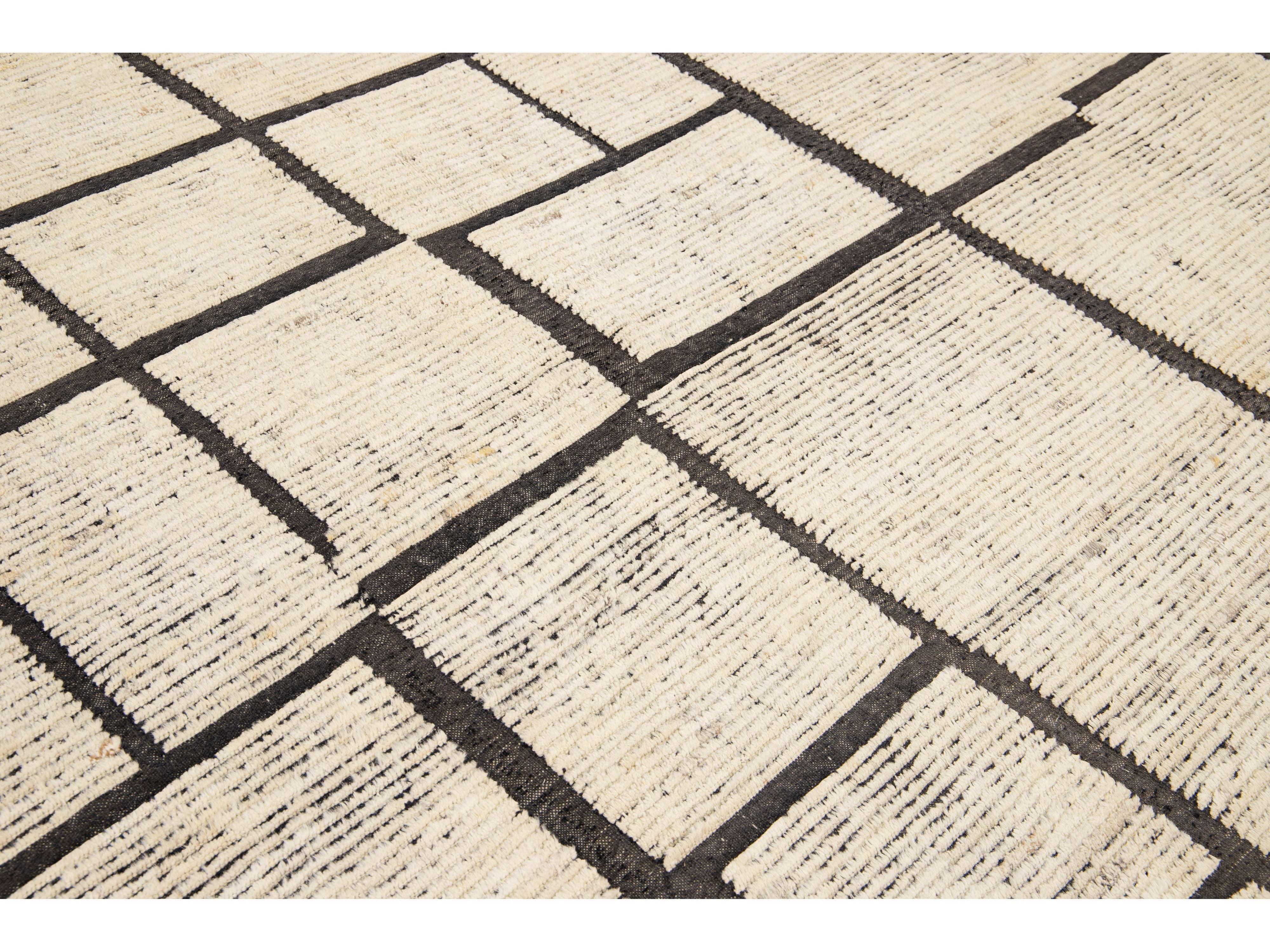 Modern Moroccan Style Beige Handmade Minimal Boho Oversize Wool Rug