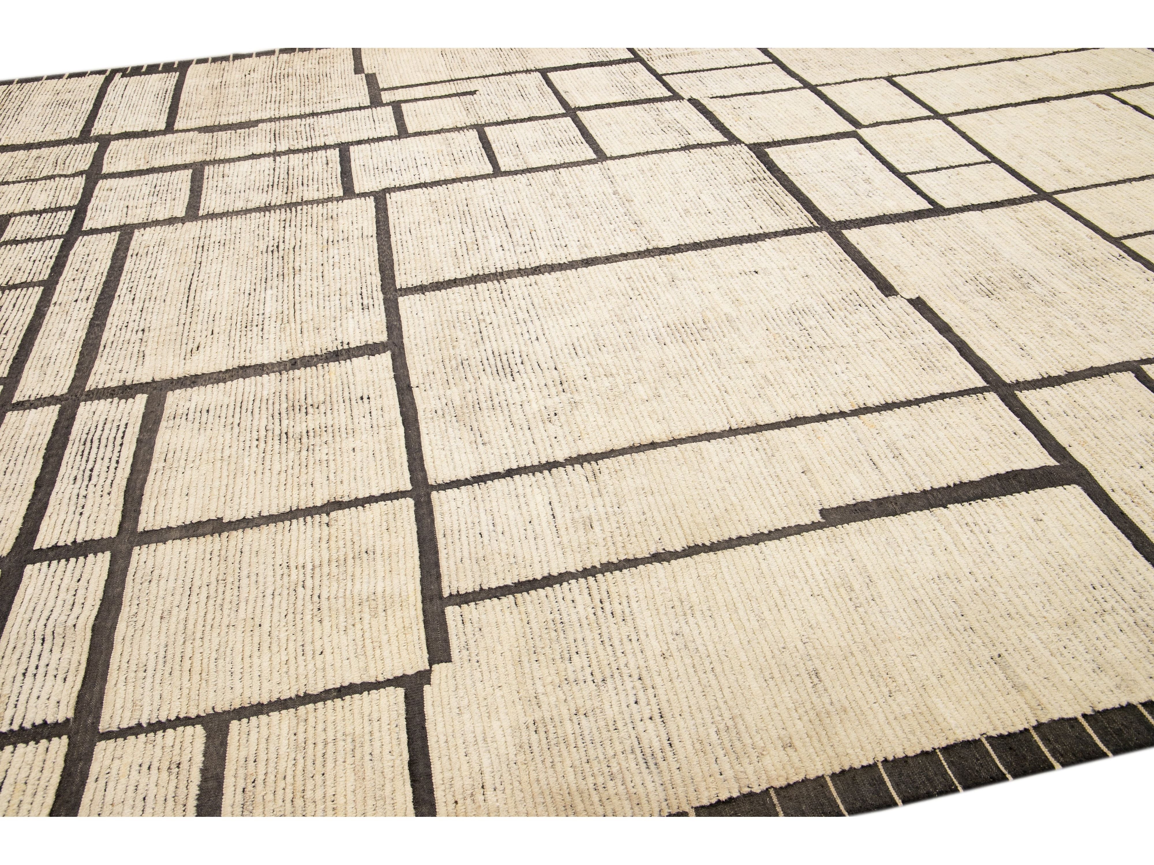 Modern Moroccan Style Beige Handmade Minimal Boho Oversize Wool Rug