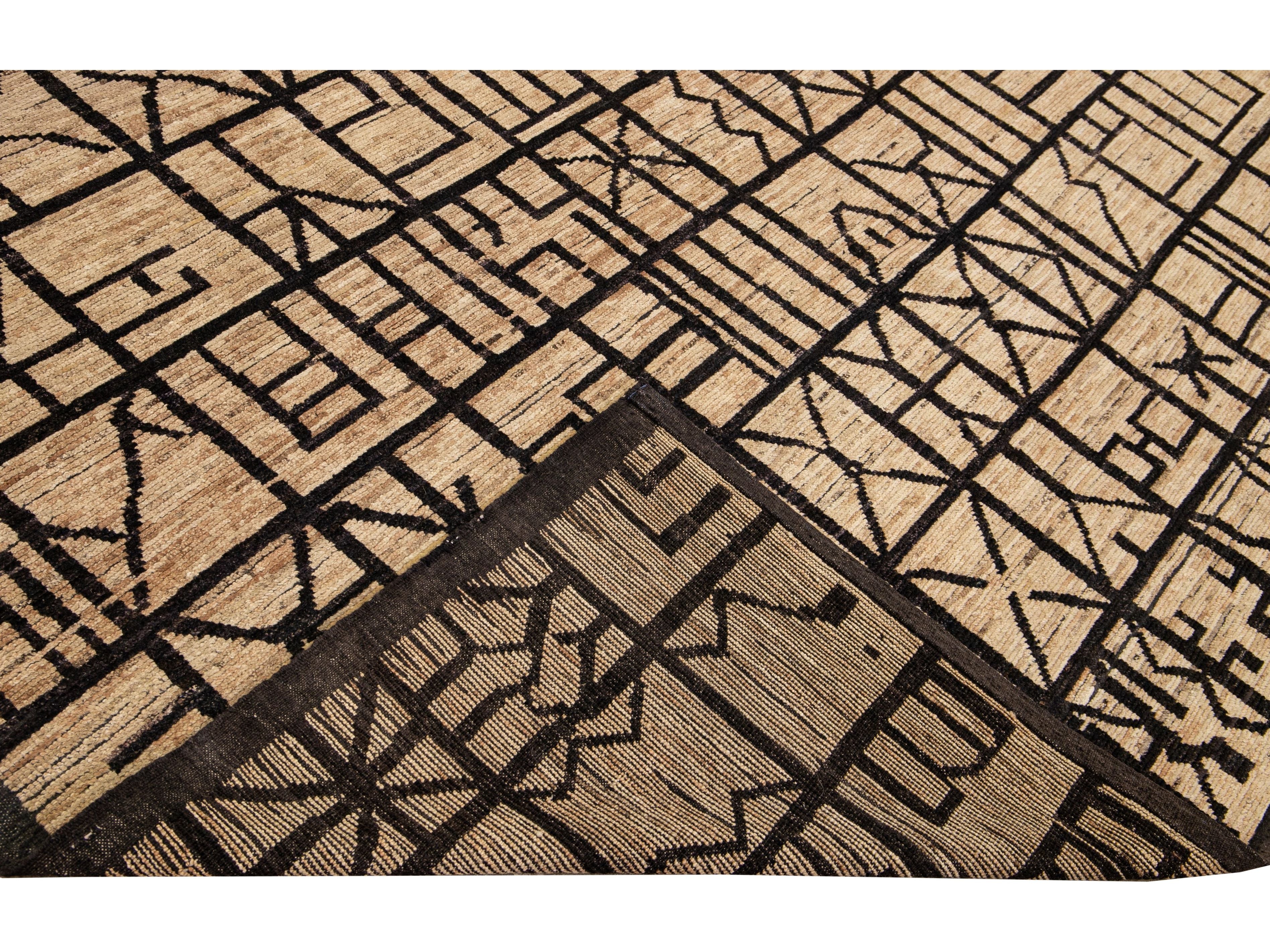 Modern Moroccan Style Brown Handmade Geometric Boho Pattern Wool Rug