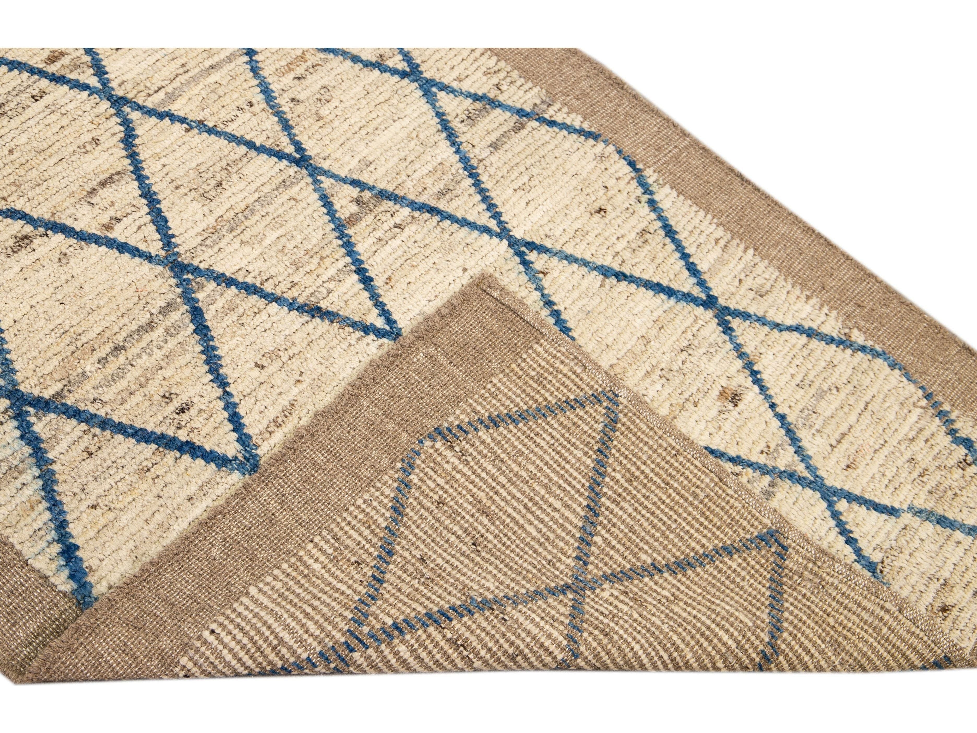 Modern Moroccan Style Handmade Geometric Pattern Beige and Blue Wool Wide Runner