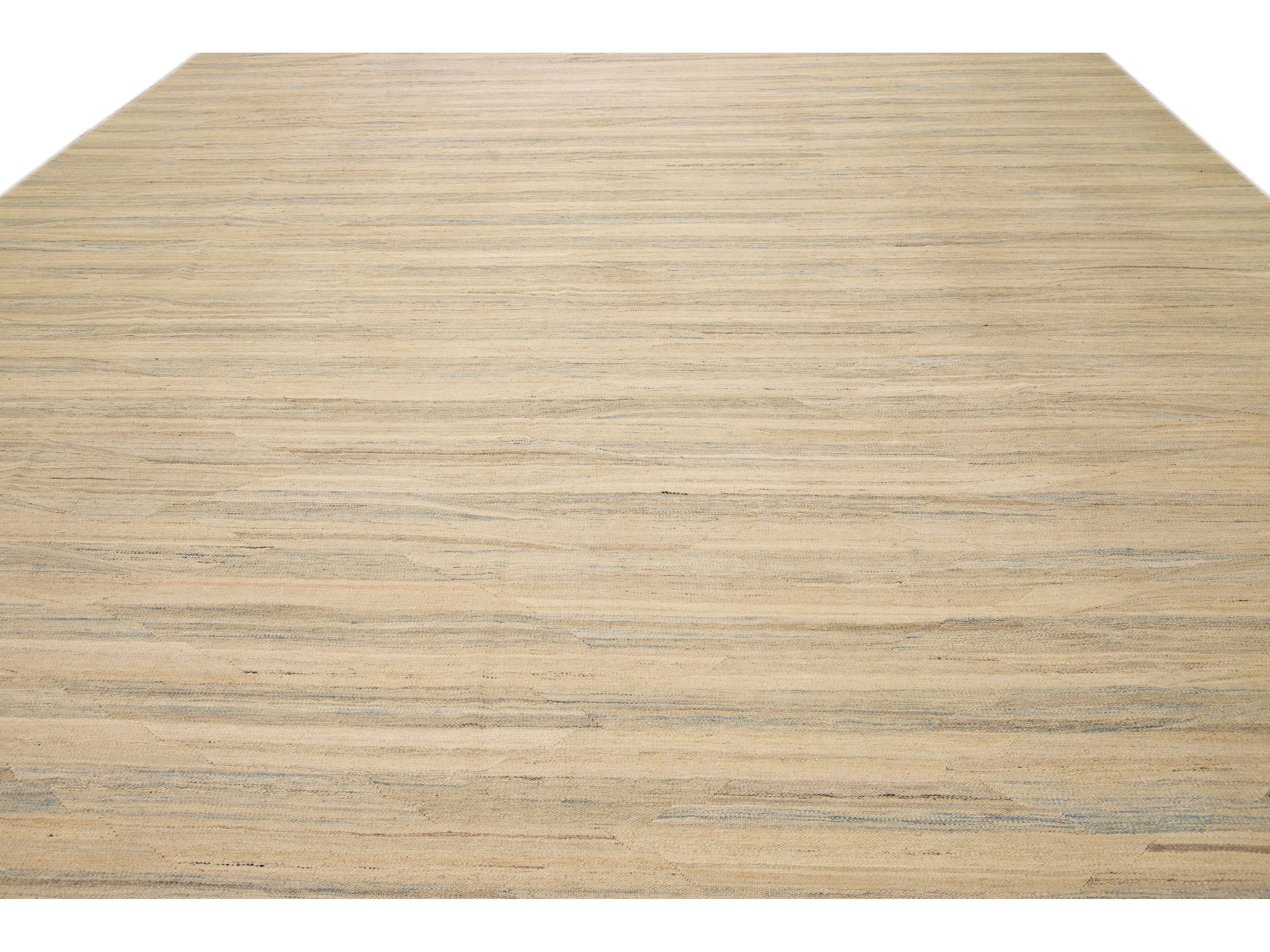 Beige Modern Kilim Handmade Abstract Striped Motif Flatweave Oversize Wool Rug