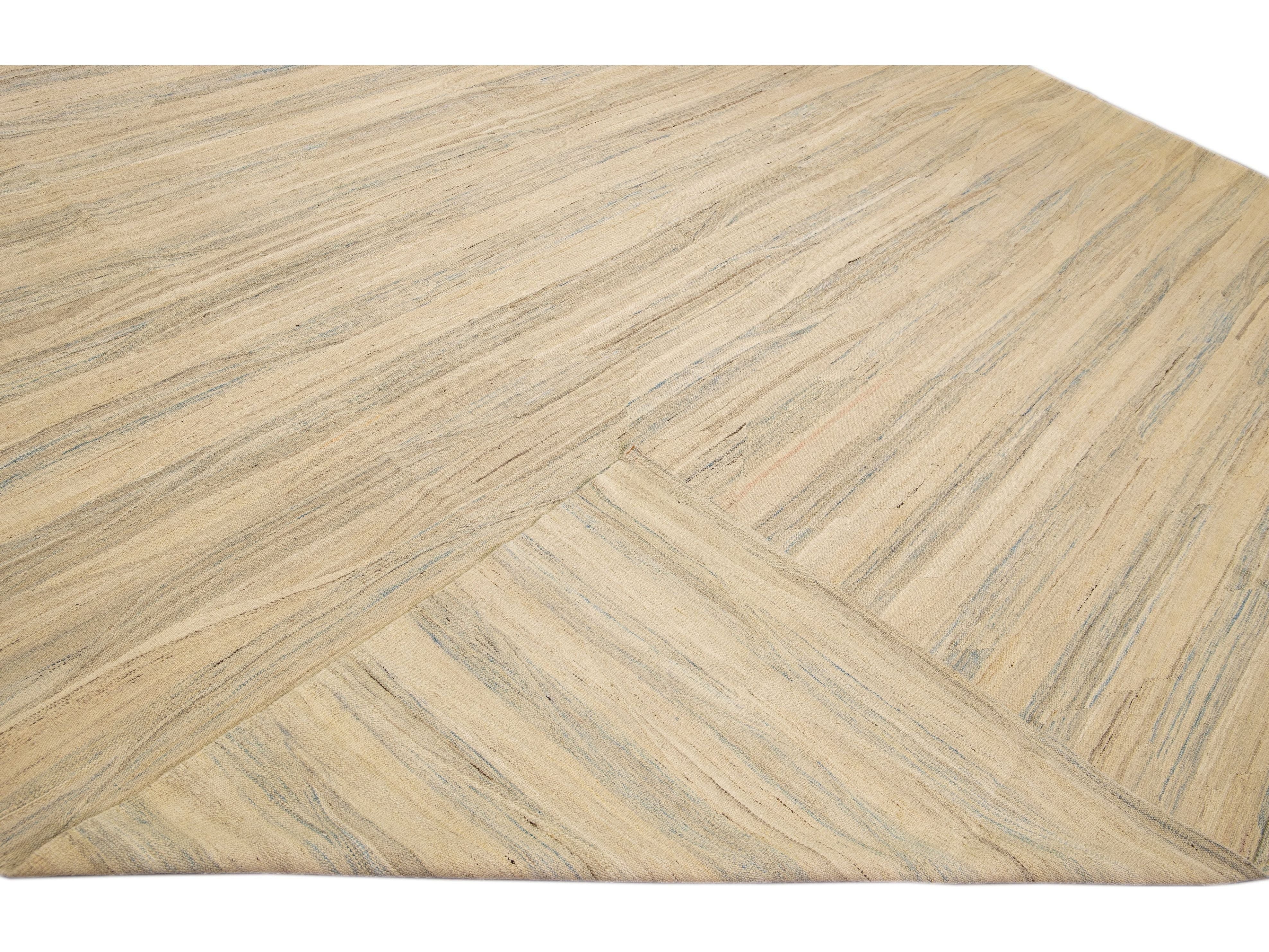 Beige Modern Kilim Handmade Abstract Striped Motif Flatweave Oversize Wool Rug
