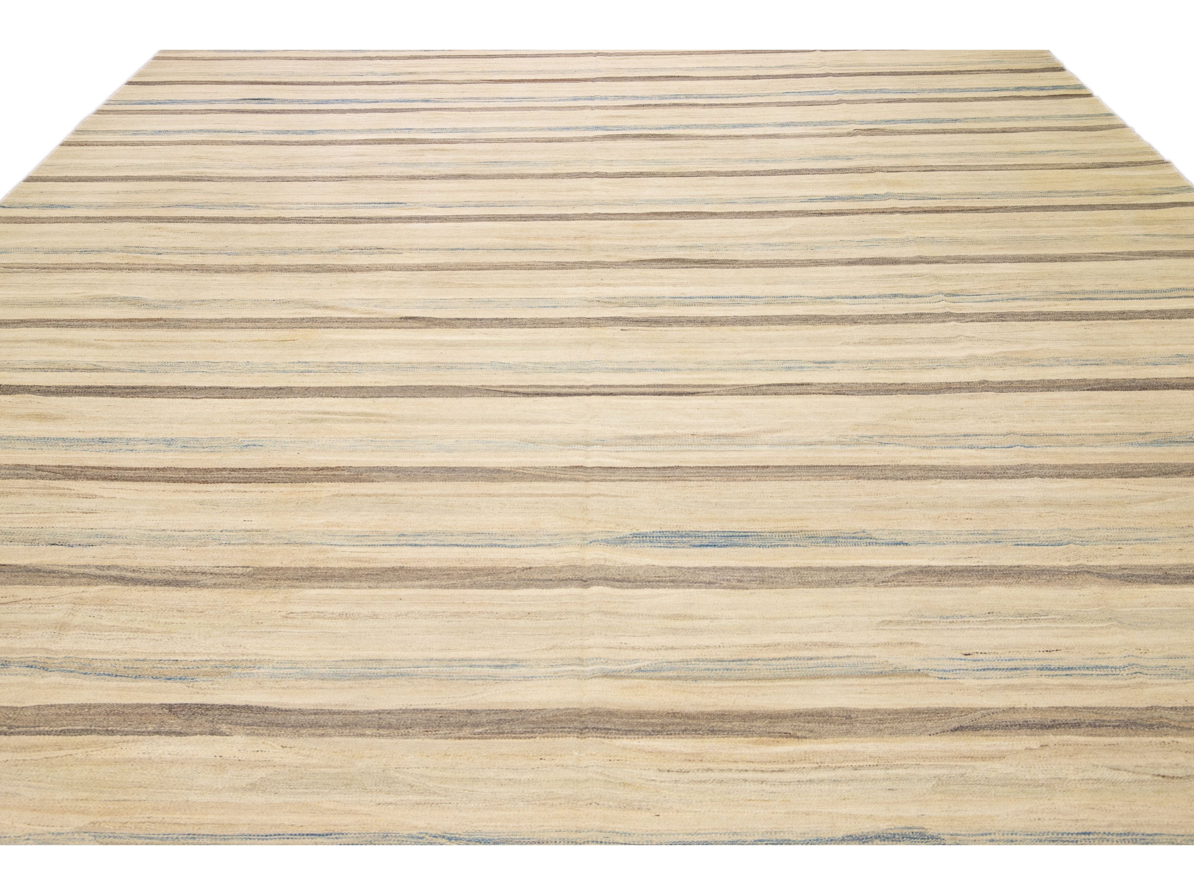 Beige Modern Kilim Handmade Striped Pattern Flatweave Wool Rug