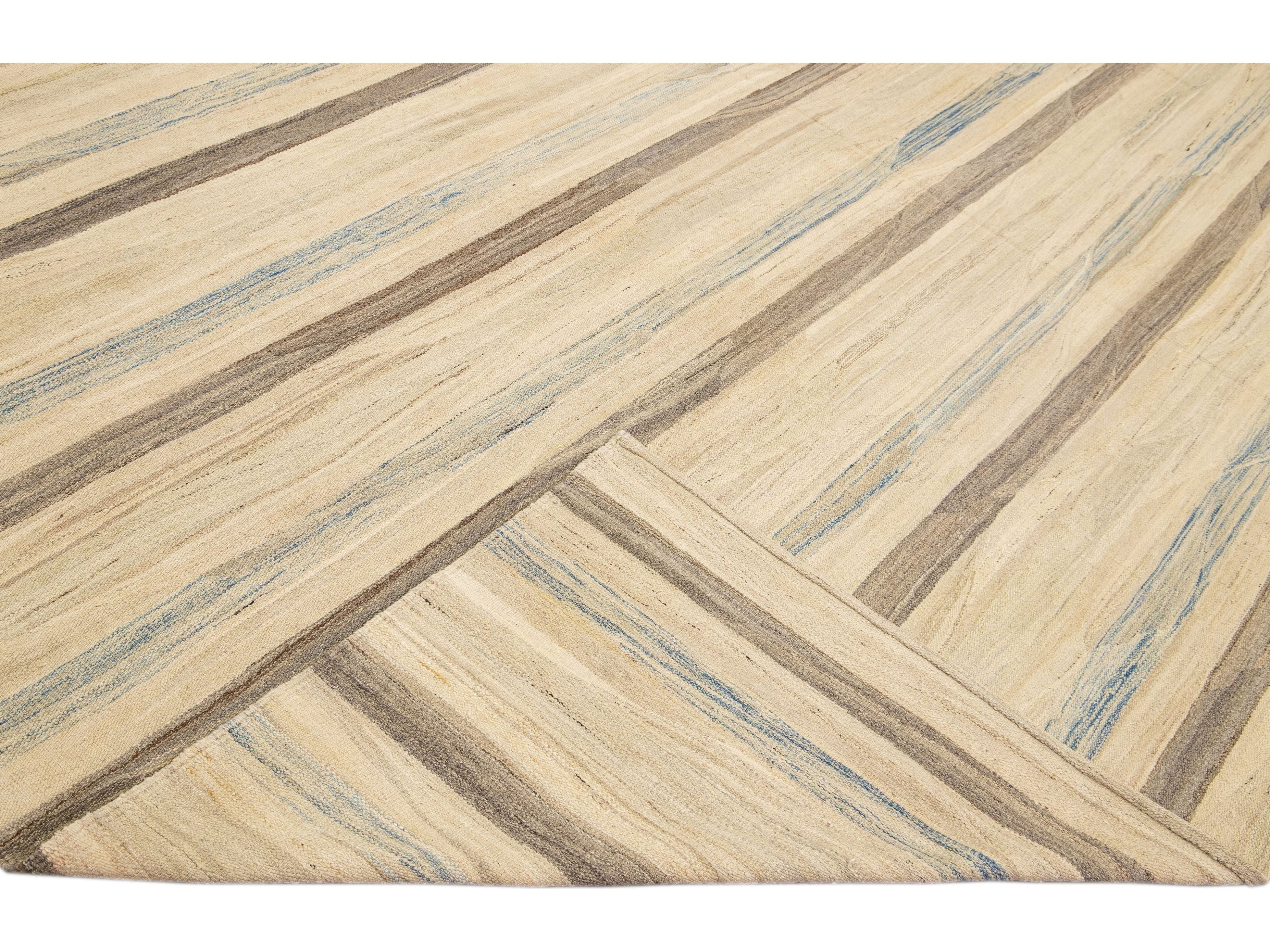 Beige Modern Kilim Handmade Striped Pattern Flatweave Wool Rug
