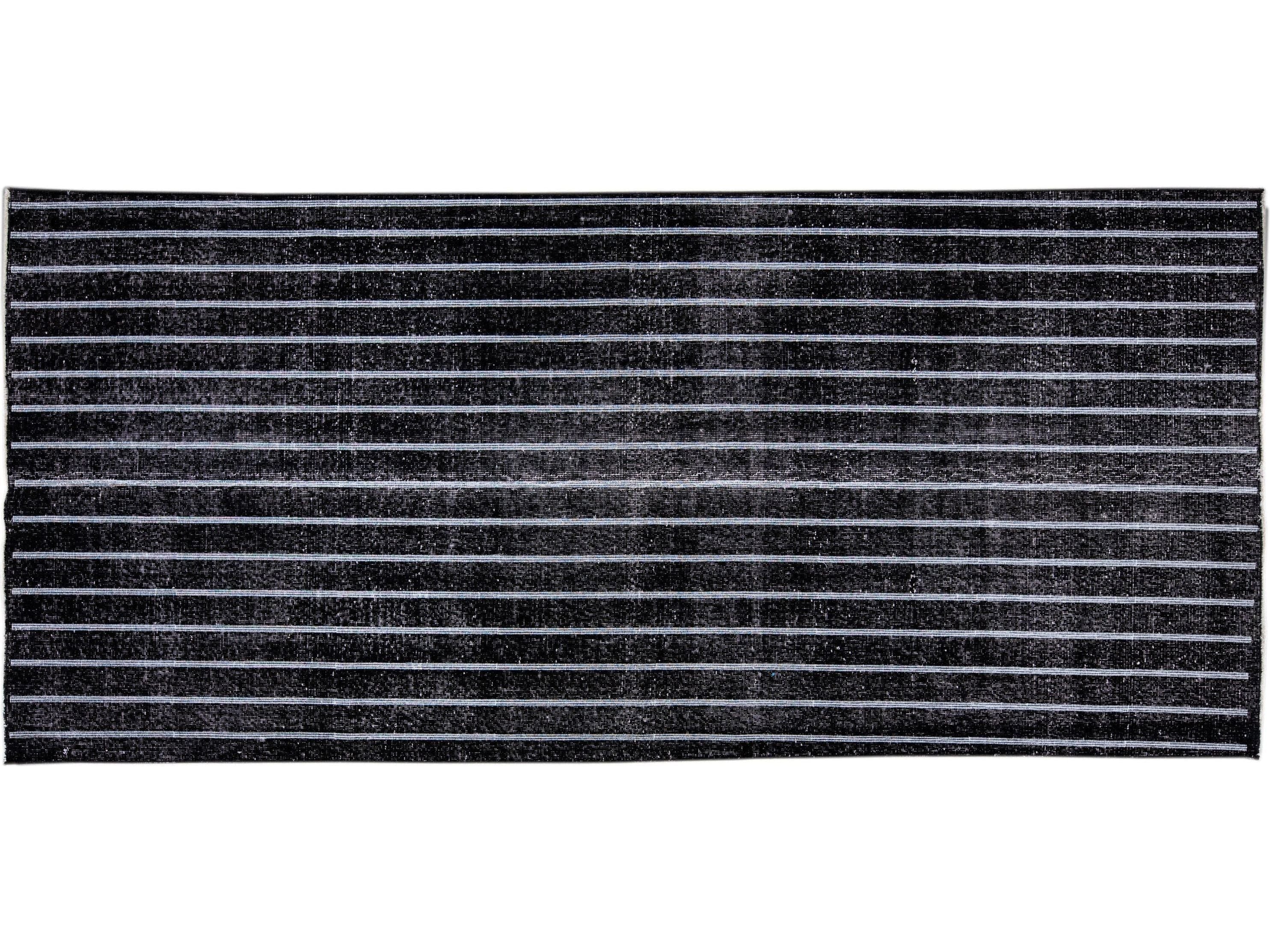 Black Modern Turkish Handmade Striped Motif Wool Gallery Rug