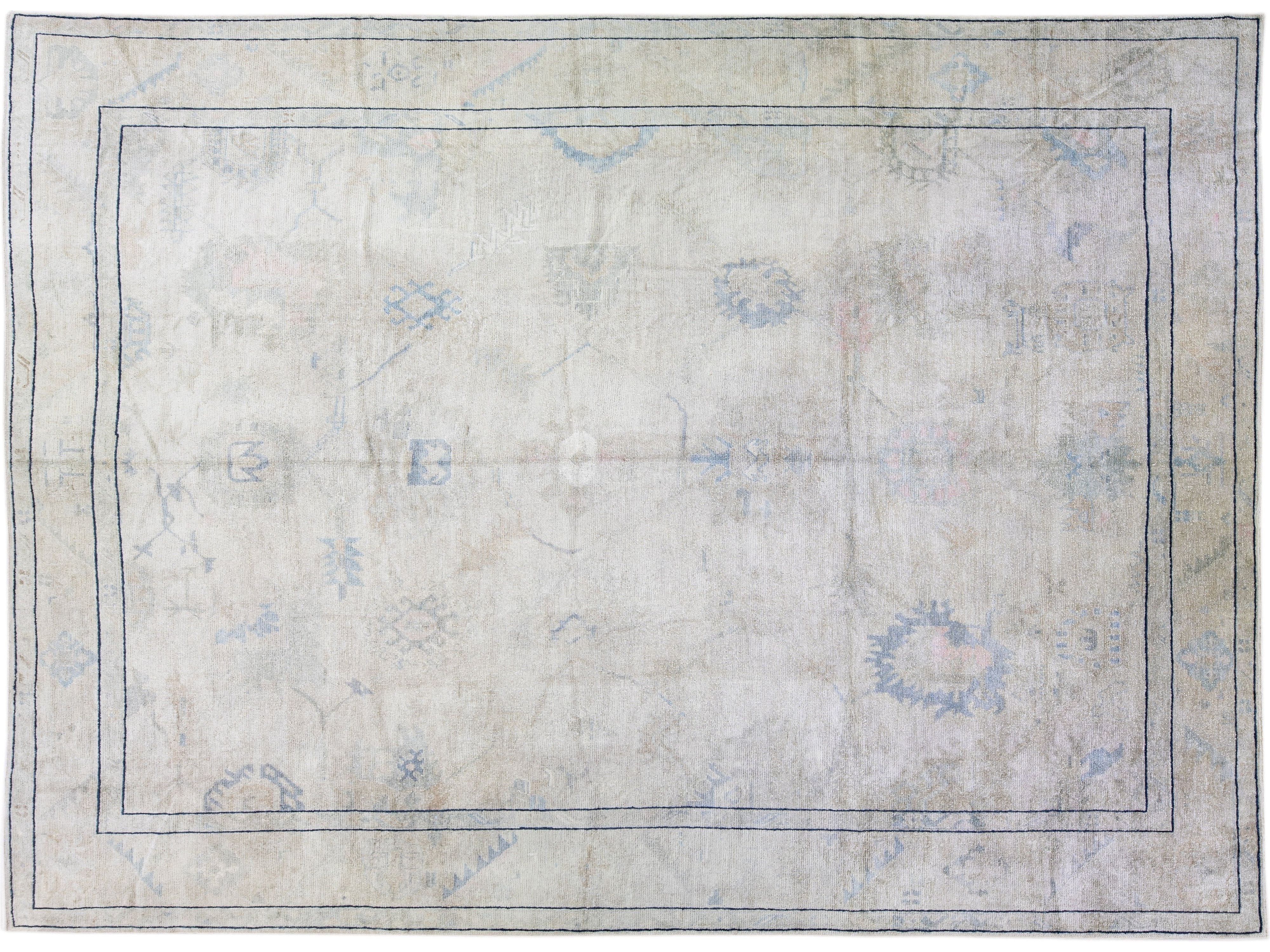 Gray Modern Turkish Oushak Handmade Floral Designed Oversize Wool Rug