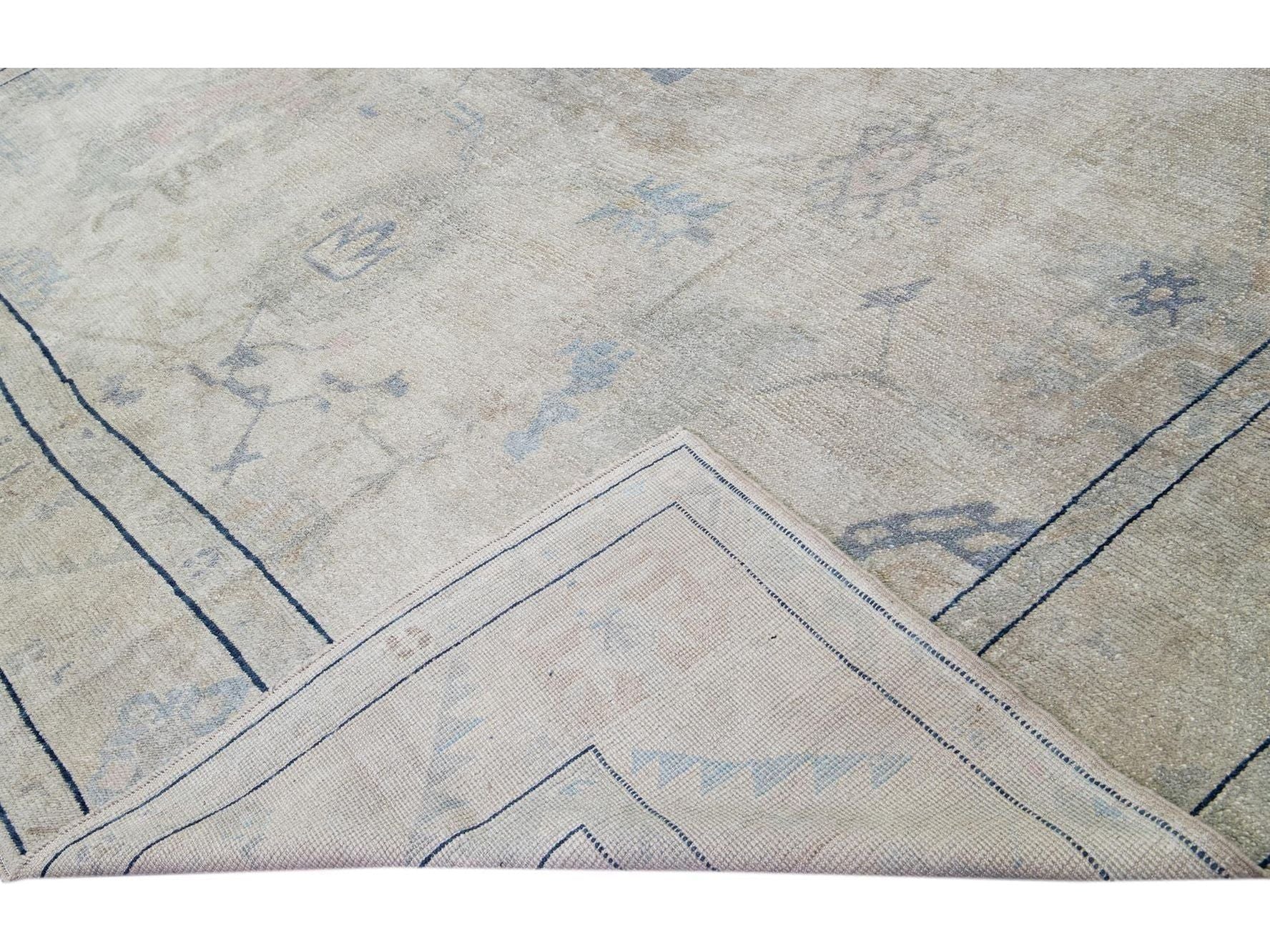 Gray Modern Turkish Oushak Handmade Floral Designed Oversize Wool Rug