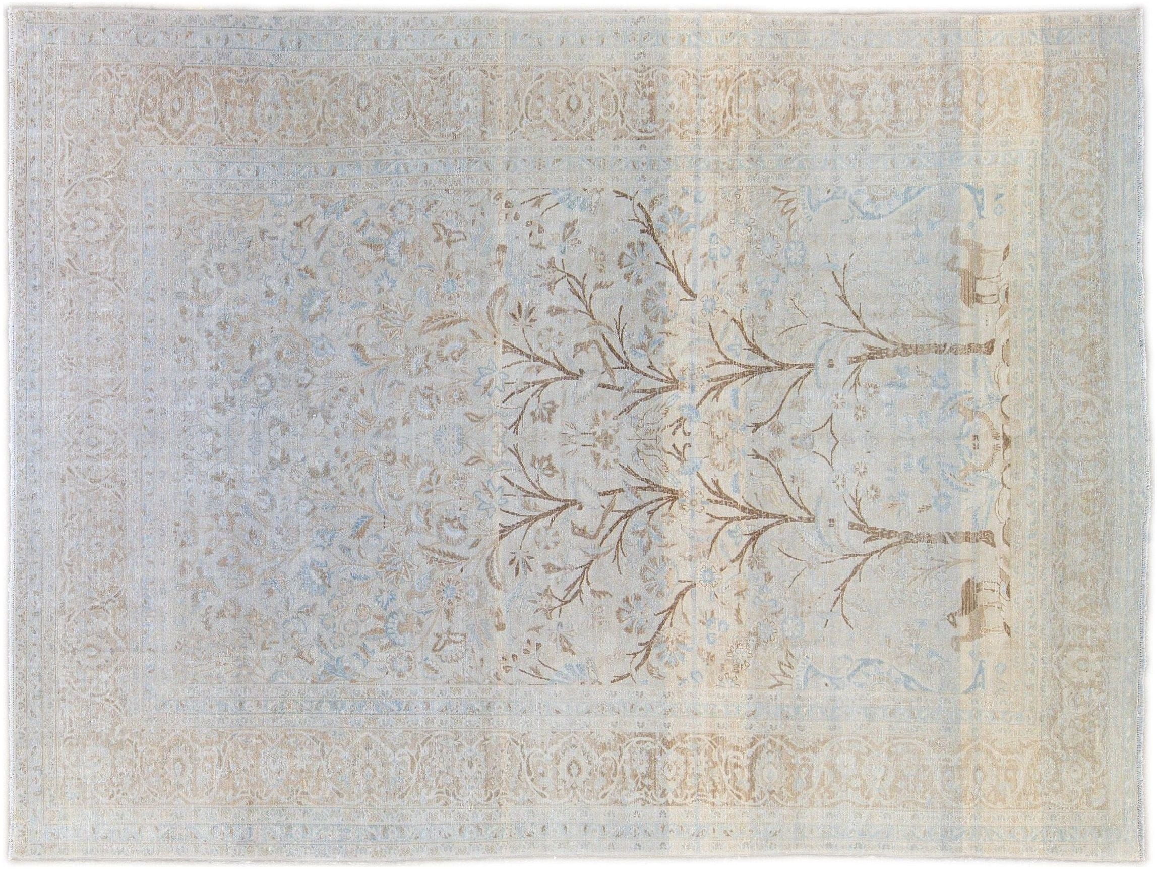 Antique Tabriz Handmade Botanical Designed Blue Wool Rug