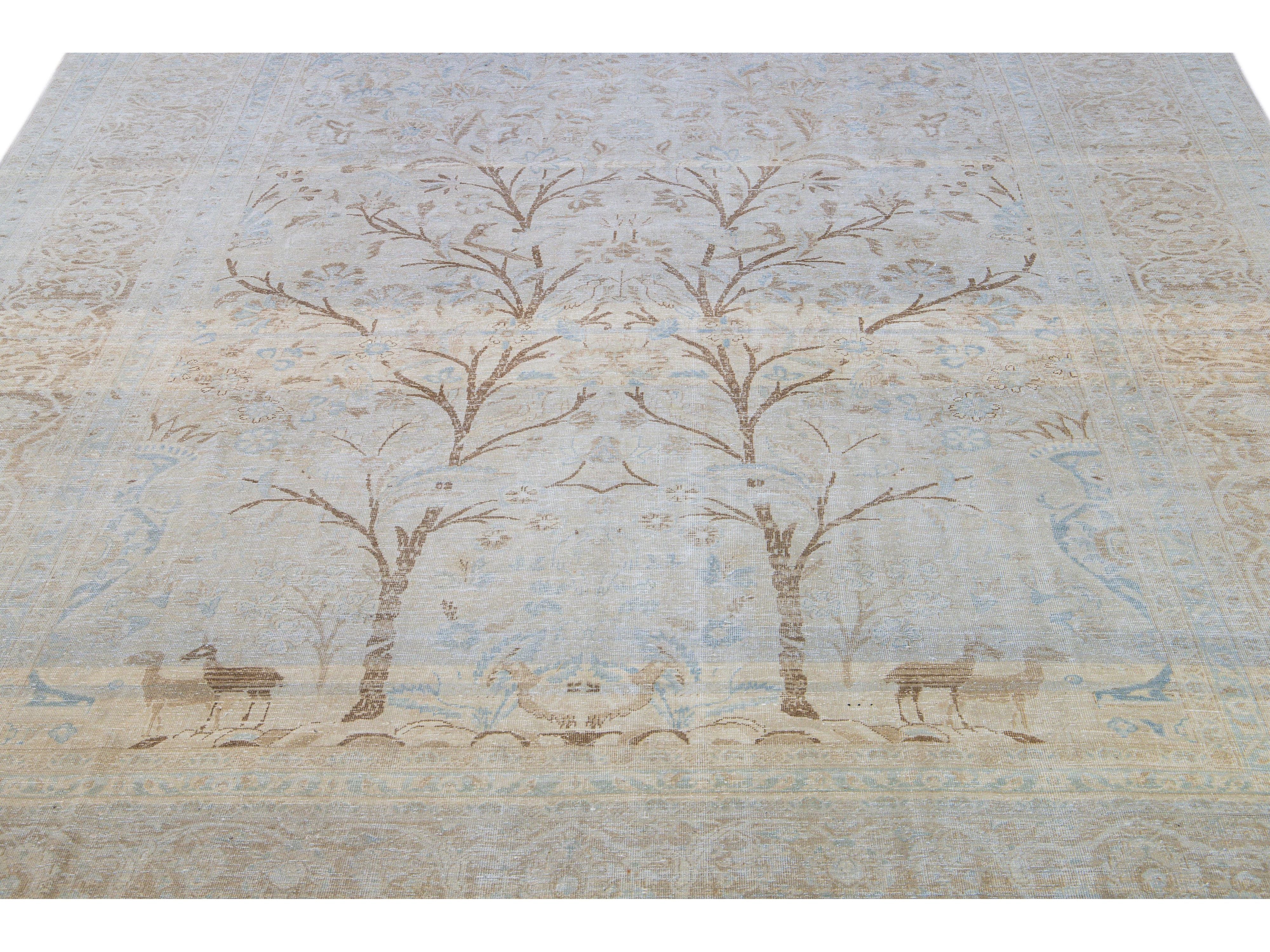 Antique Tabriz Handmade Botanical Designed Blue Wool Rug