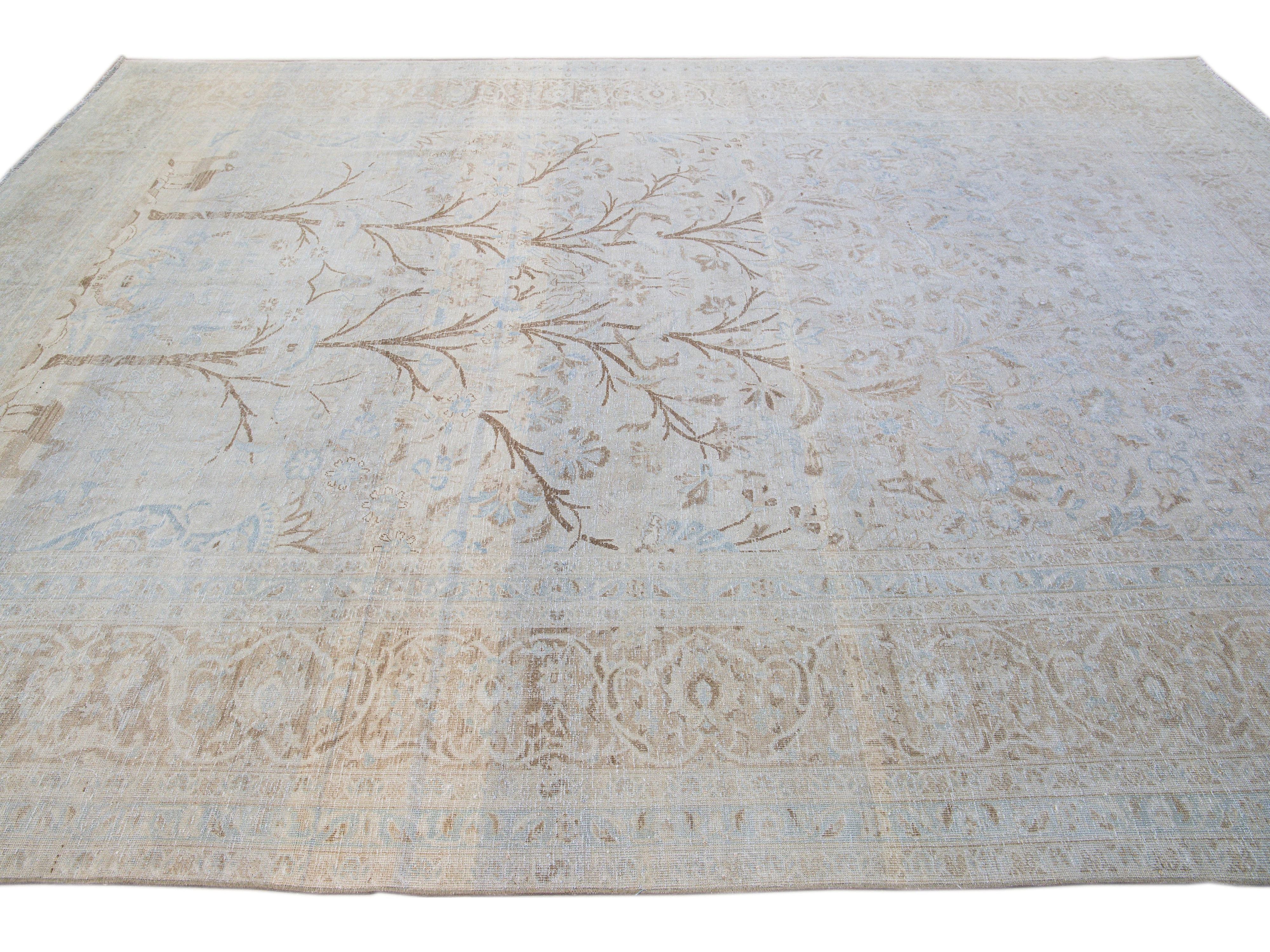 Antique Tabriz Handmade Botanical Designed Blue Wool Rug