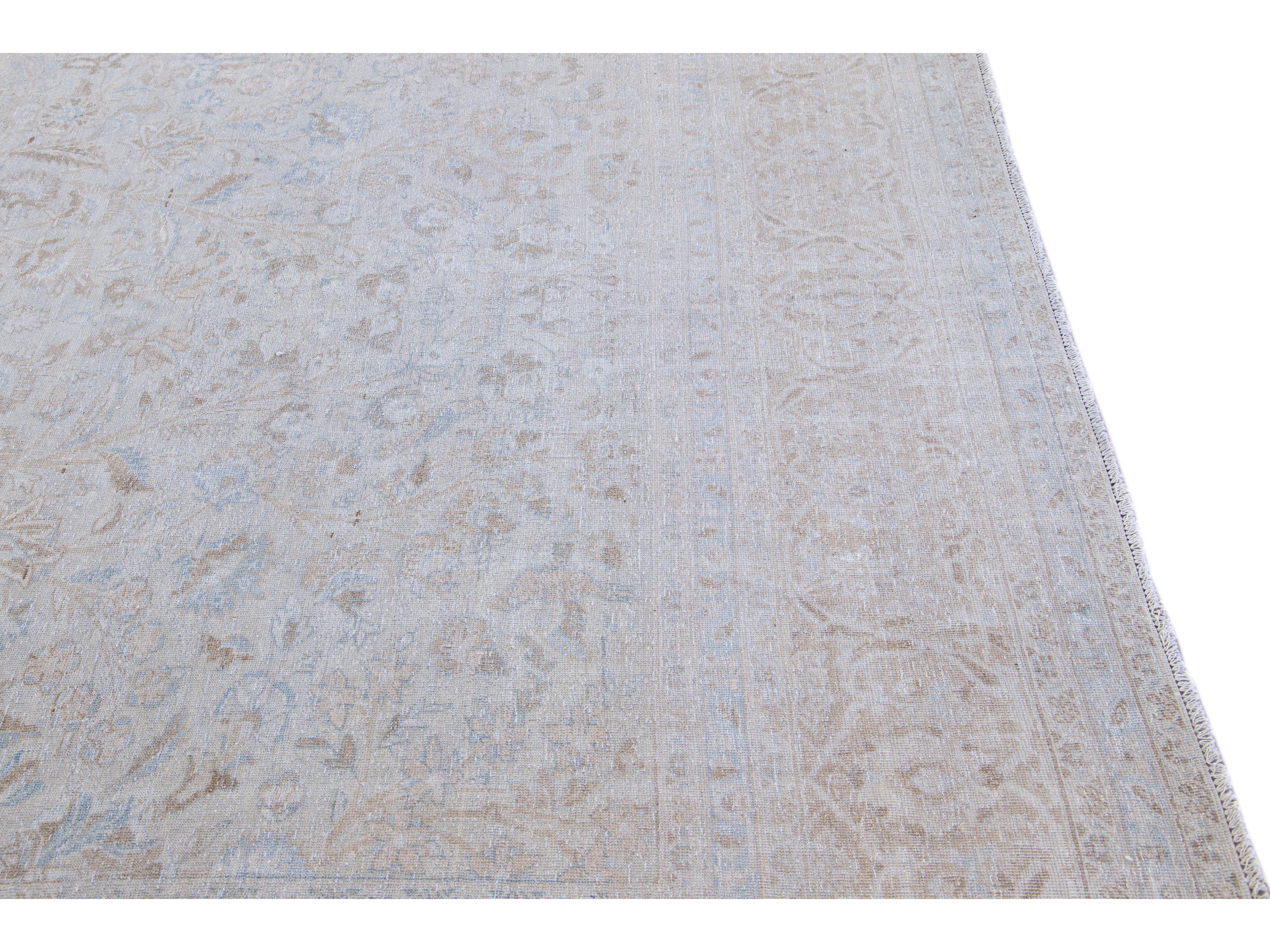 Antique Tabriz Handmade Botanical Designed Blue Wool Rug