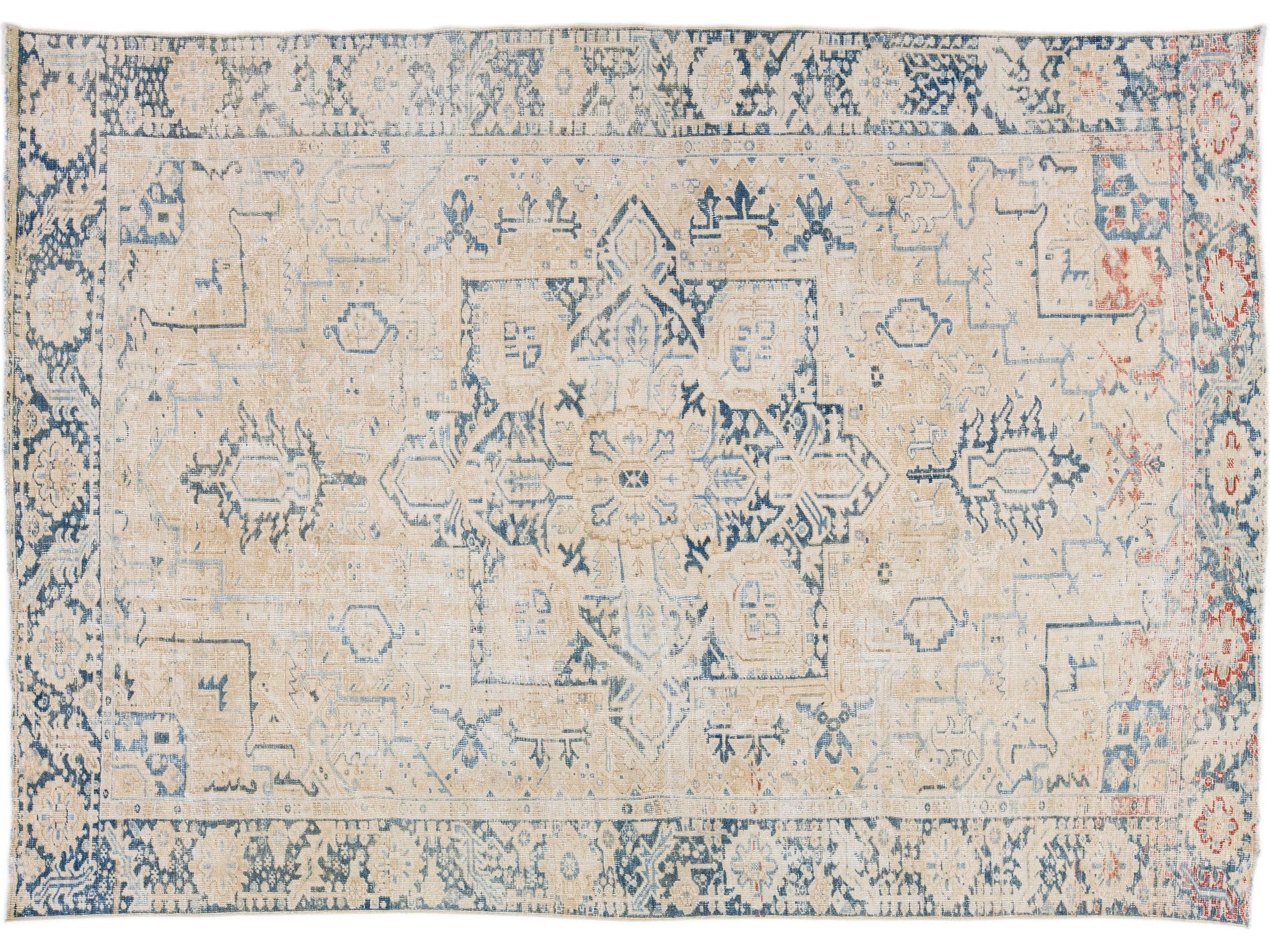 Beige Antique Persian Heriz Shabby Chic Handmade Wool Rug