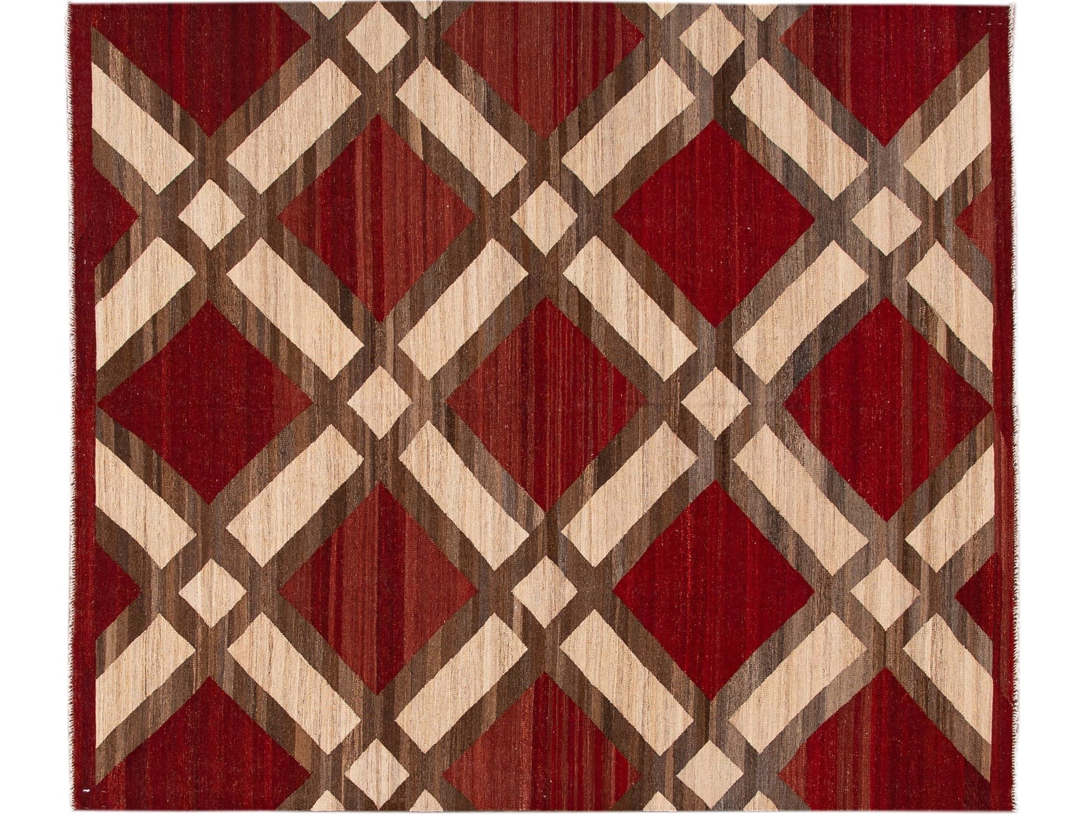 Modern Kilim Flatweave Red and Beige Geometric Wool Rug