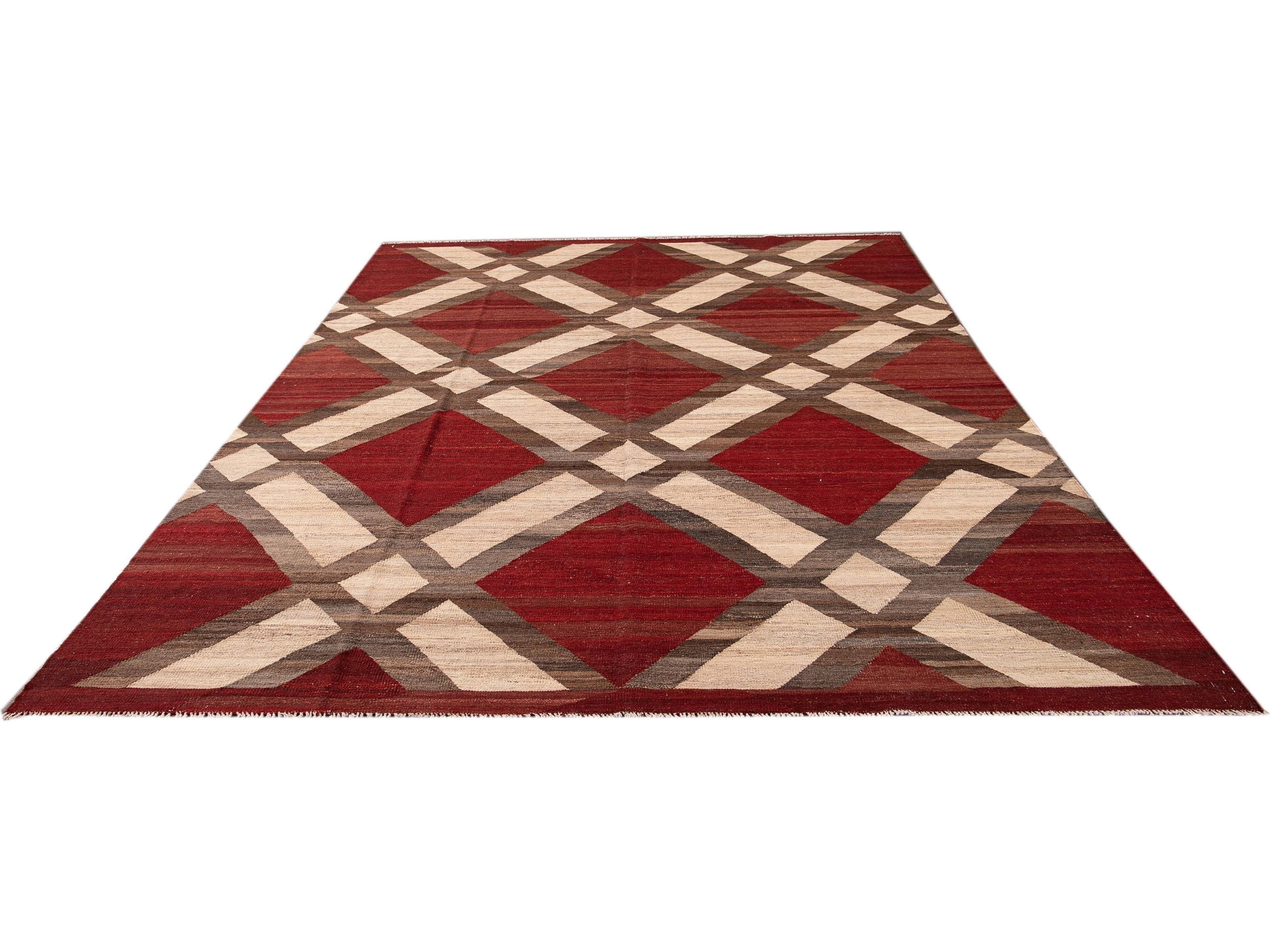 Modern Kilim Flatweave Red and Beige Geometric Wool Rug