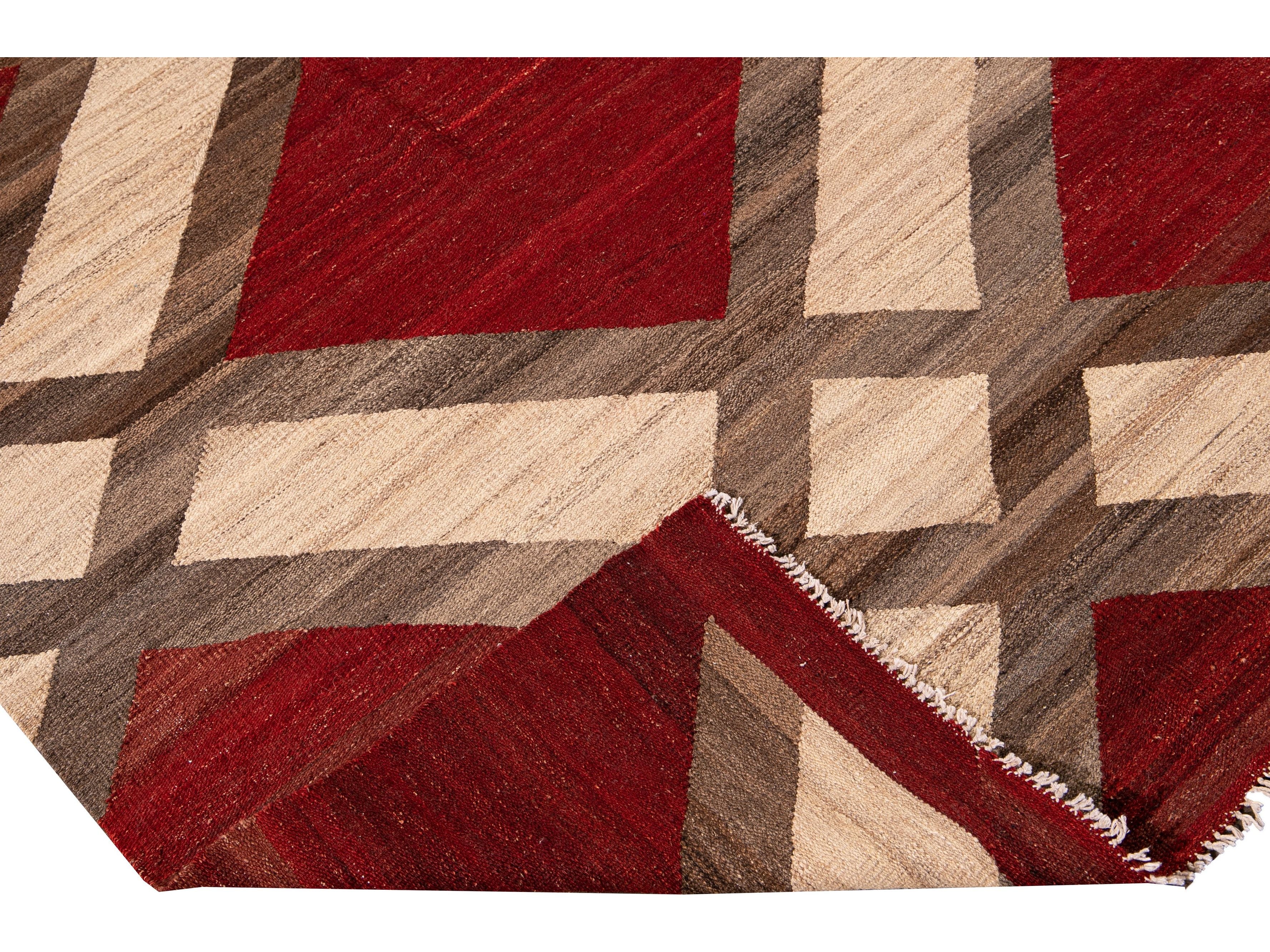 Modern Kilim Flatweave Red and Beige Geometric Wool Rug