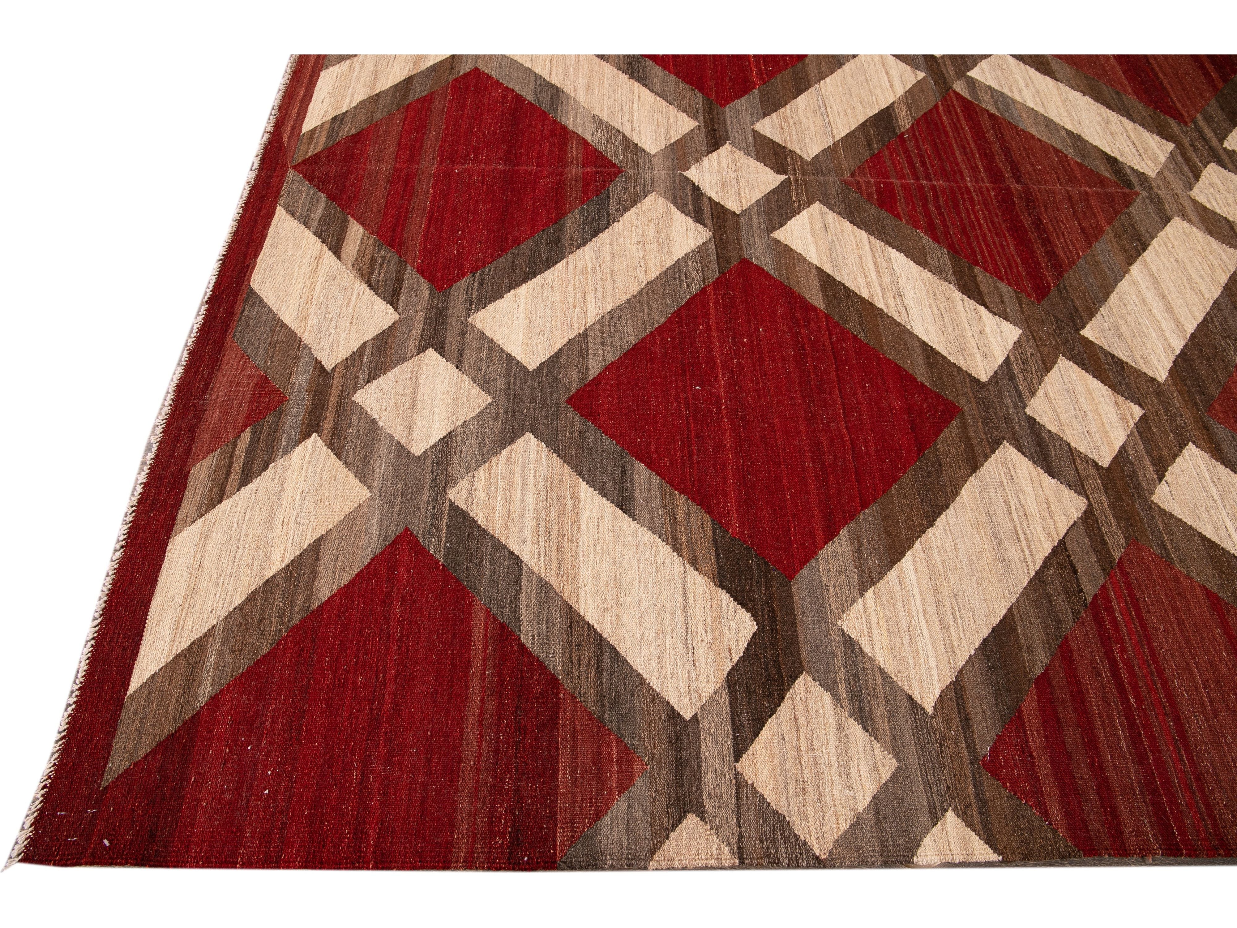 Modern Kilim Flatweave Red and Beige Geometric Wool Rug