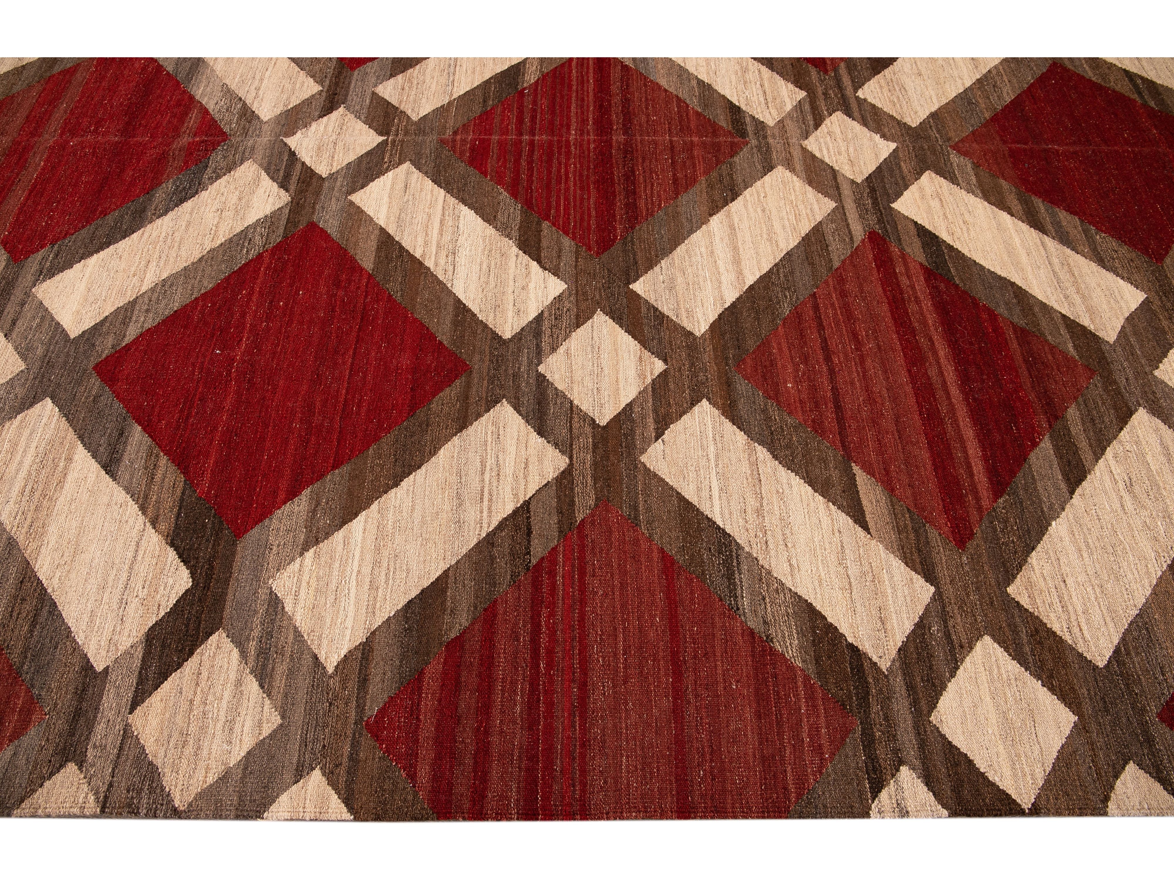 Modern Kilim Flatweave Red and Beige Geometric Wool Rug