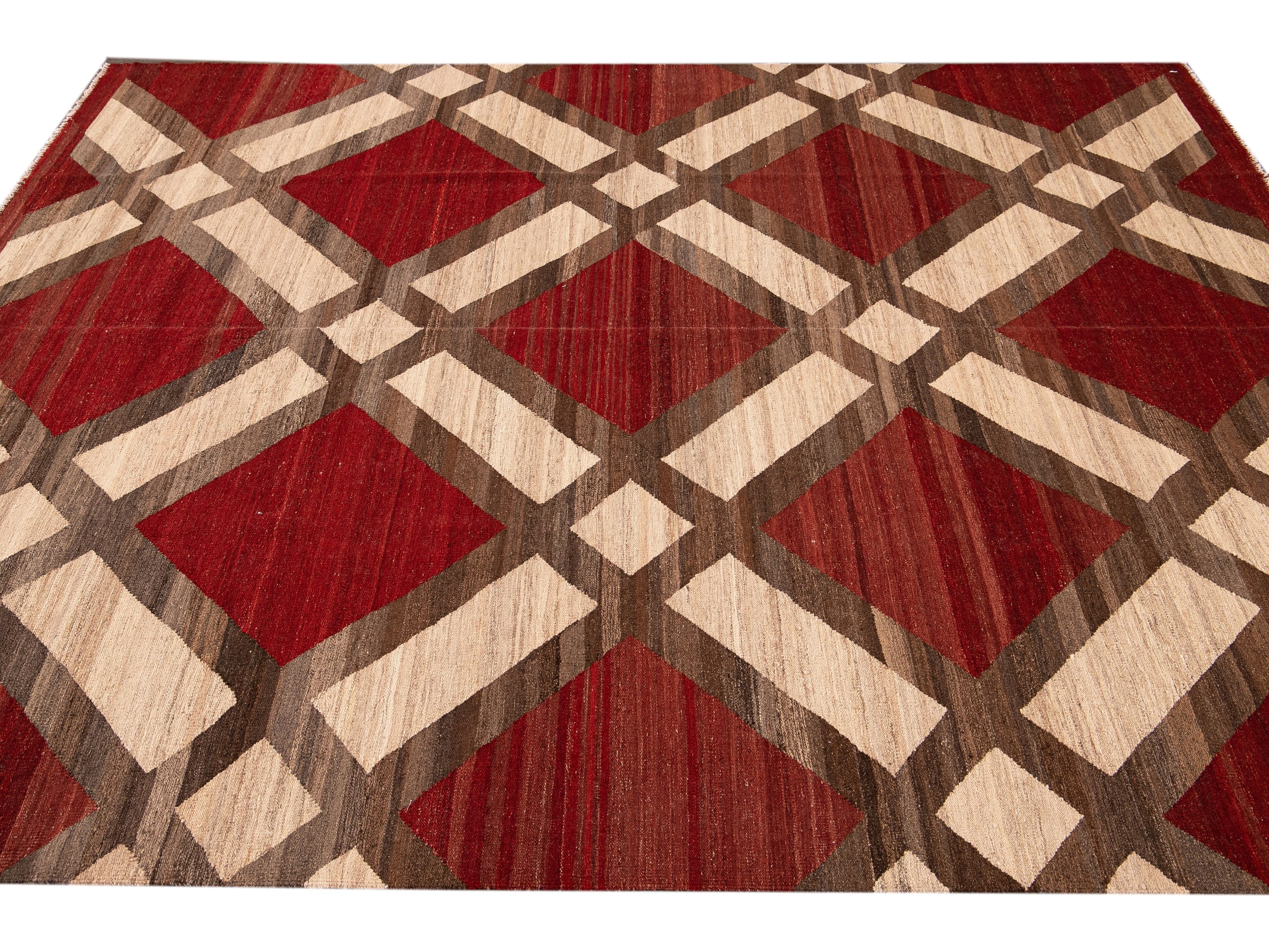 Modern Kilim Flatweave Red and Beige Geometric Wool Rug