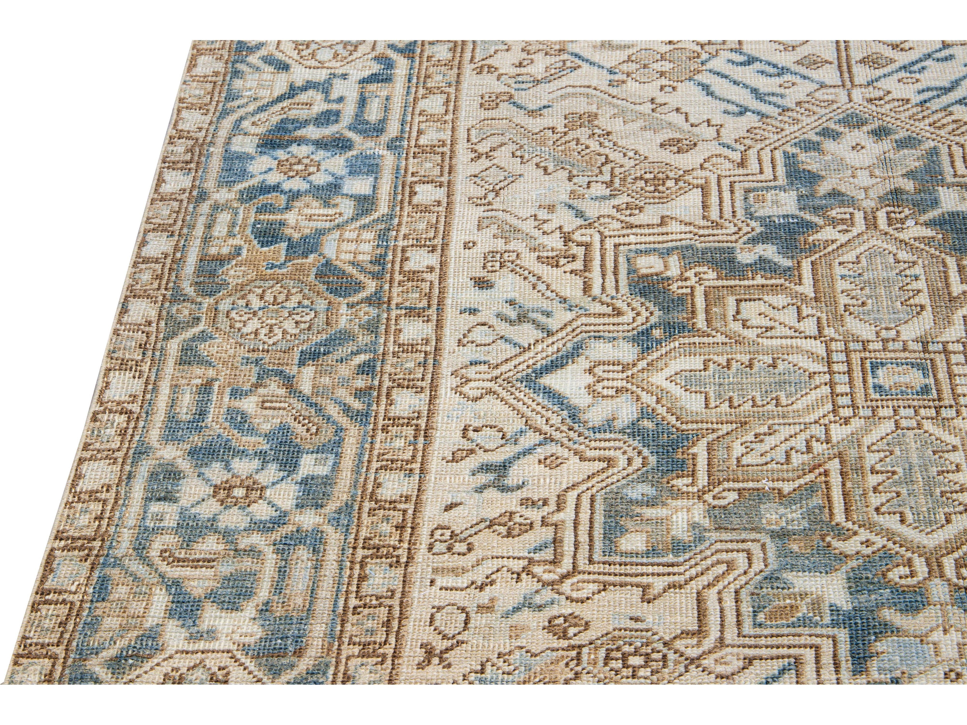 Antique Persian Heriz Handmade Geometric Medallion Beige Wool Rug