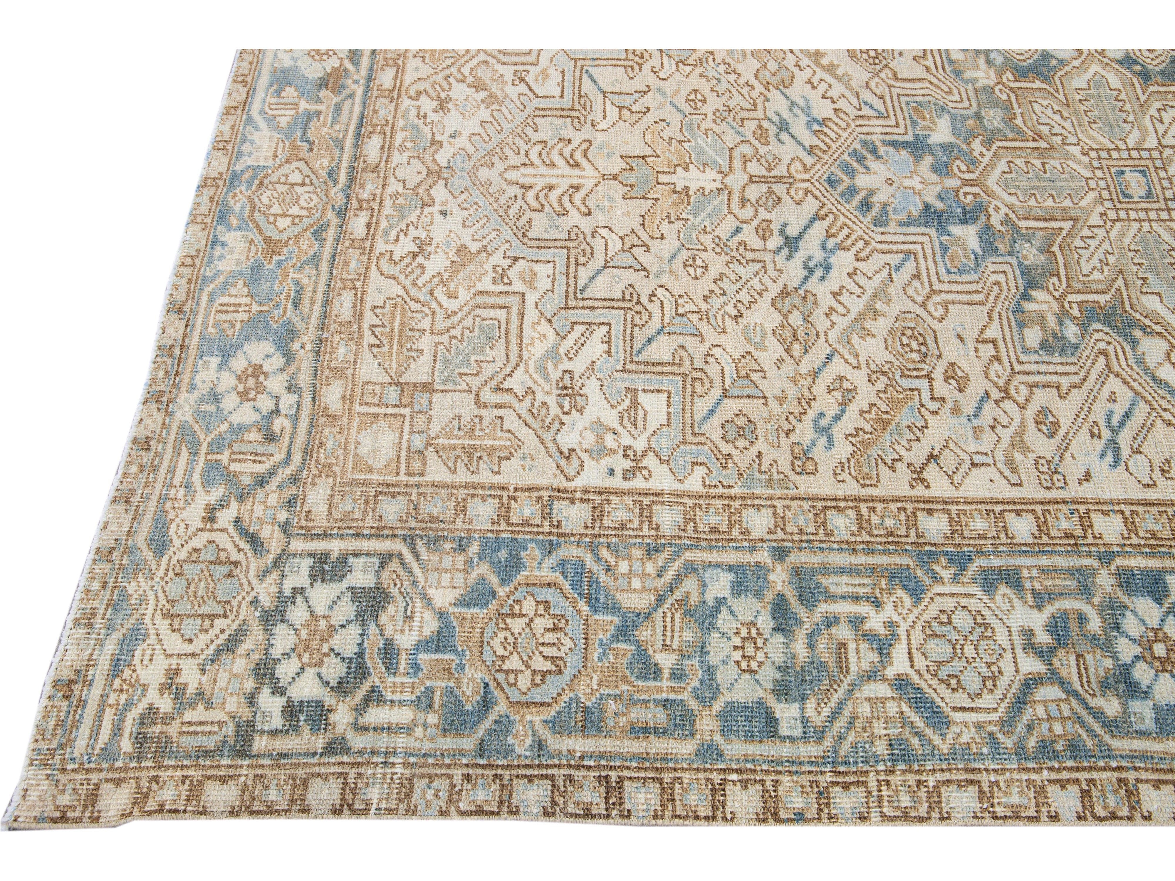 Antique Persian Heriz Handmade Geometric Medallion Beige Wool Rug