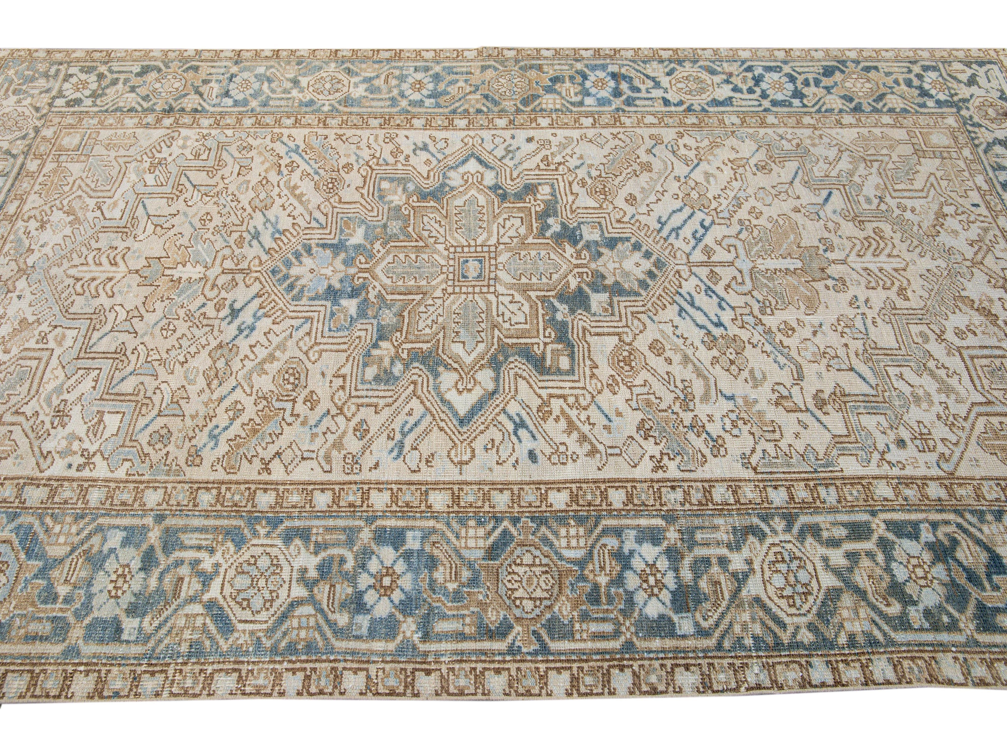 Antique Persian Heriz Handmade Geometric Medallion Beige Wool Rug