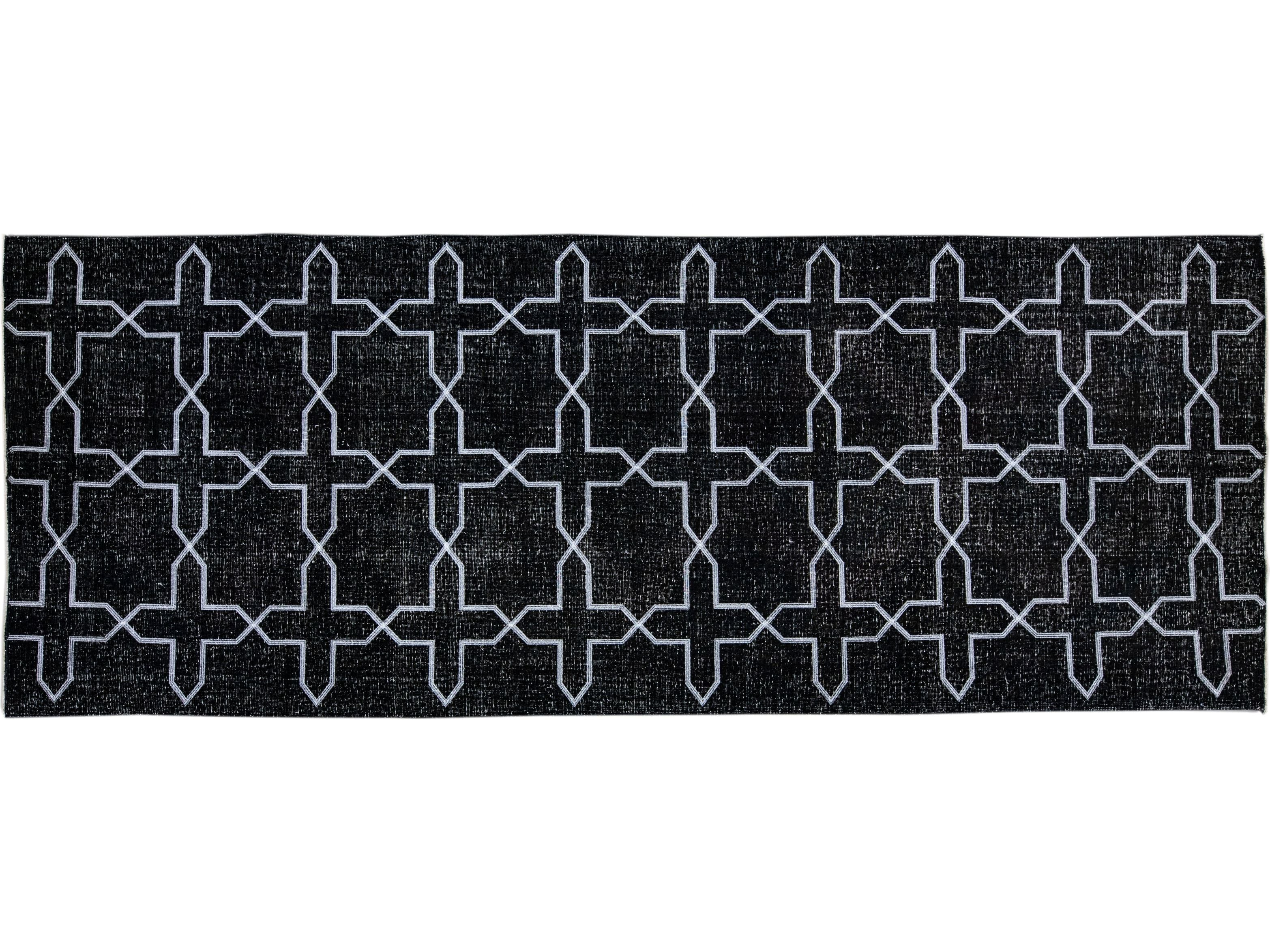 Modern Black Turkish Handmade Geometric Pattern Wool Gallery Rug