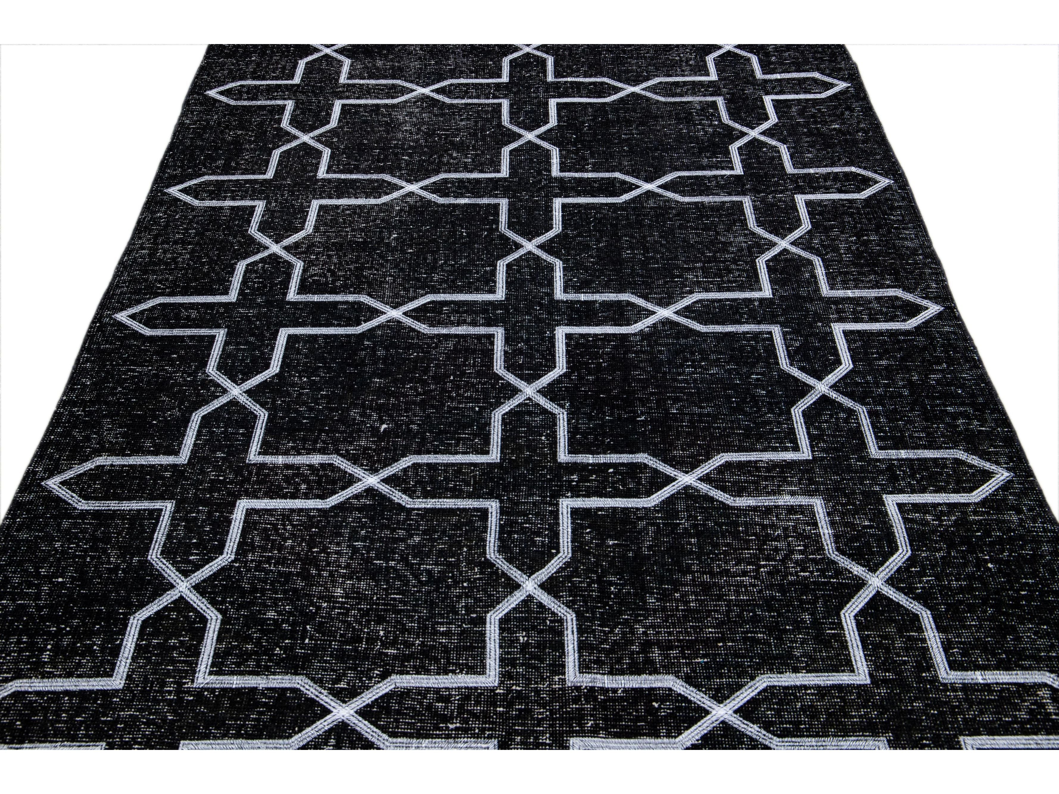 Modern Black Turkish Handmade Geometric Pattern Wool Gallery Rug