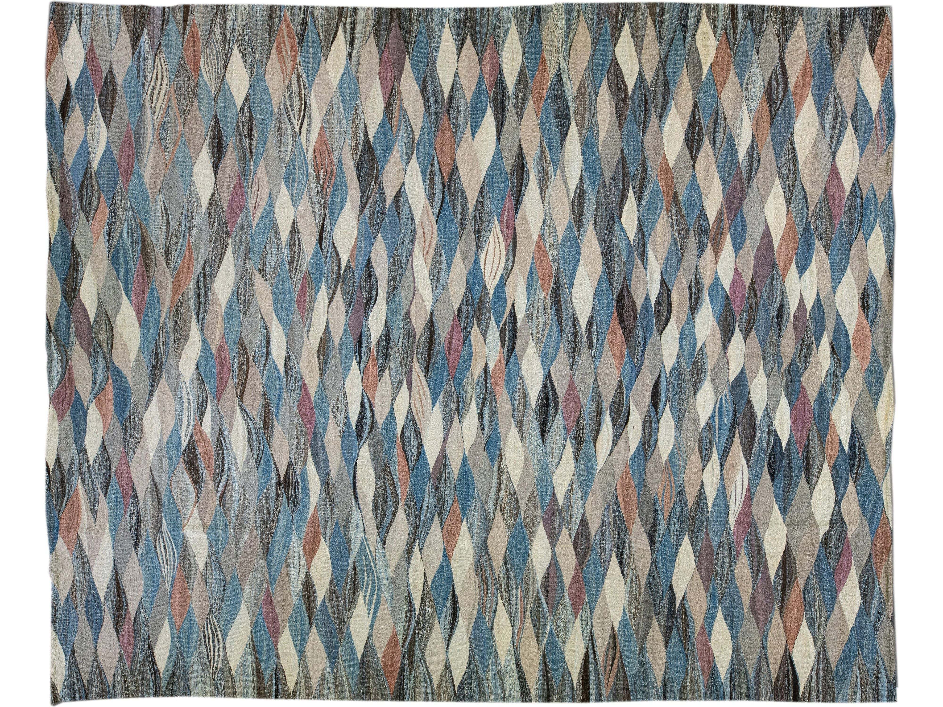 Modern Abstract Blue Flat-Weave Oversize Wool Rug