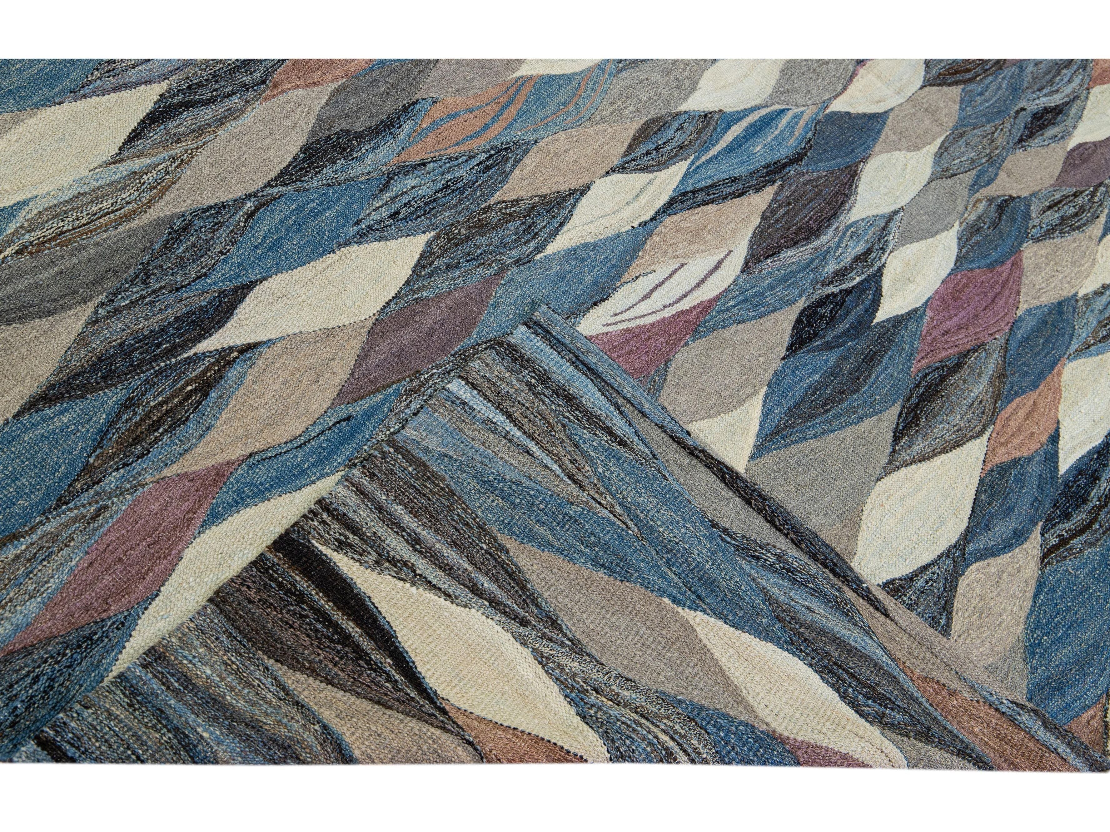 Modern Abstract Blue Flat-Weave Oversize Wool Rug
