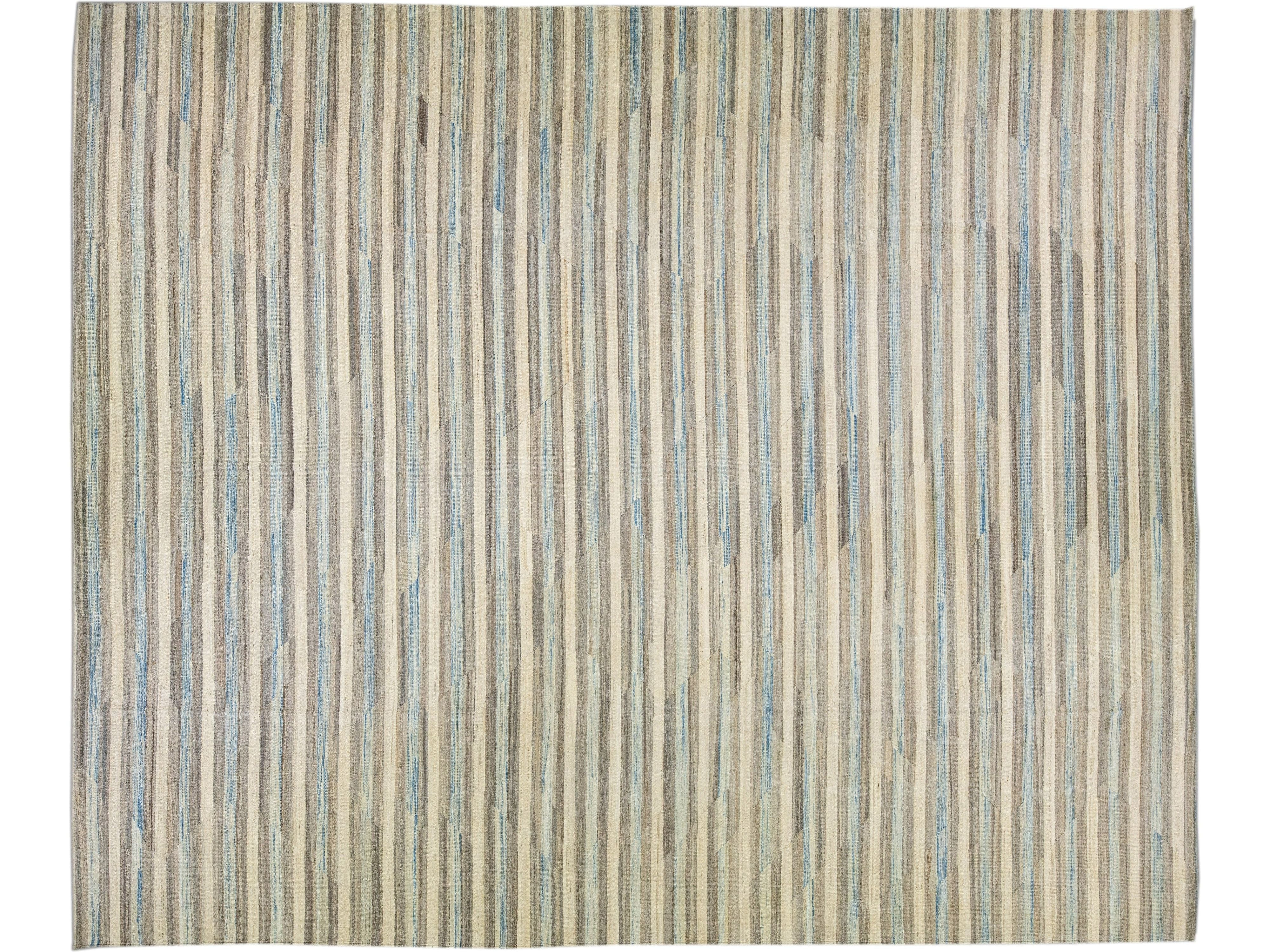 Beige Modern Kilim Abstract Flat-Weave Oversize Wool Rug