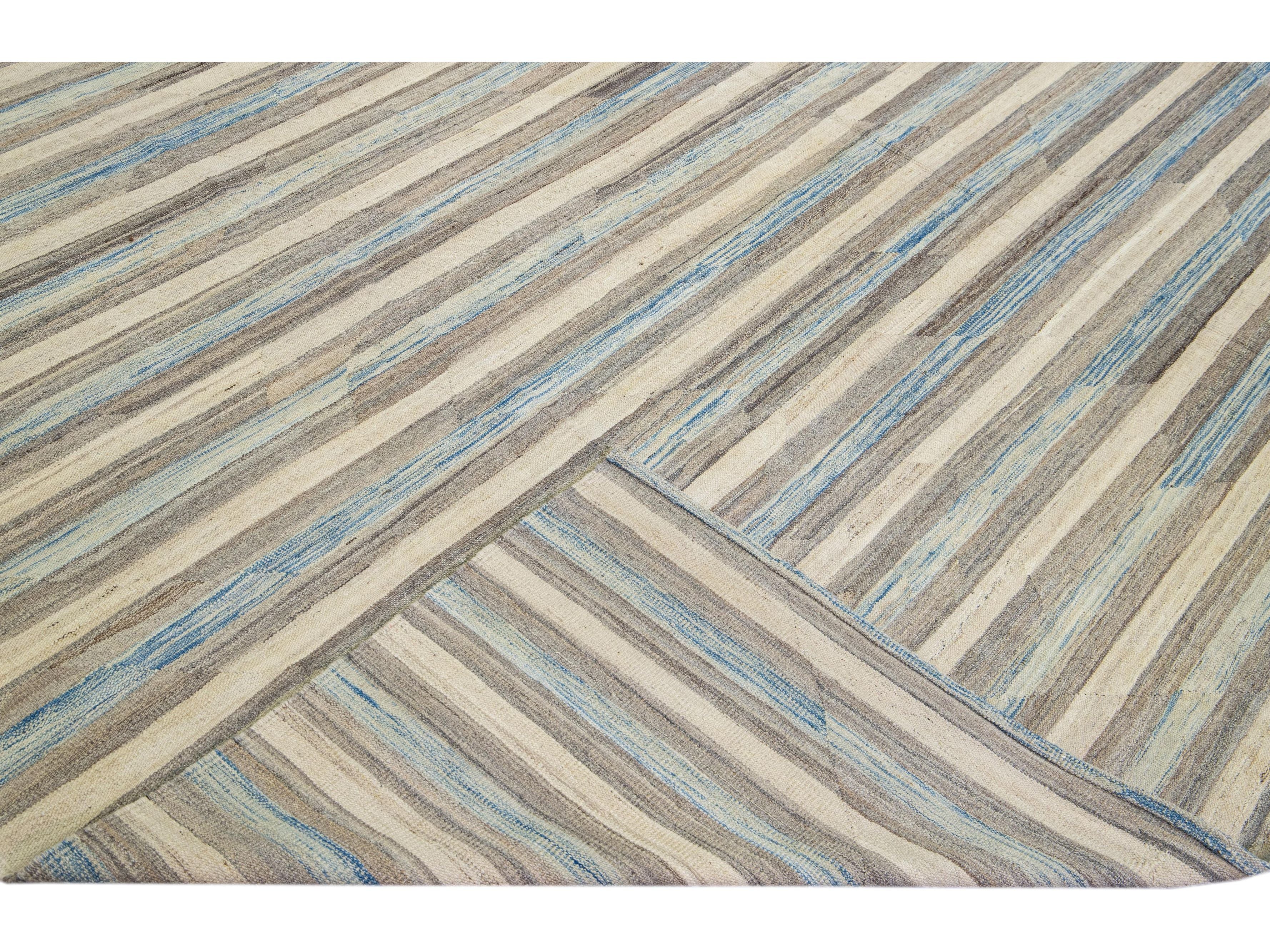 Beige Modern Kilim Abstract Flat-Weave Oversize Wool Rug