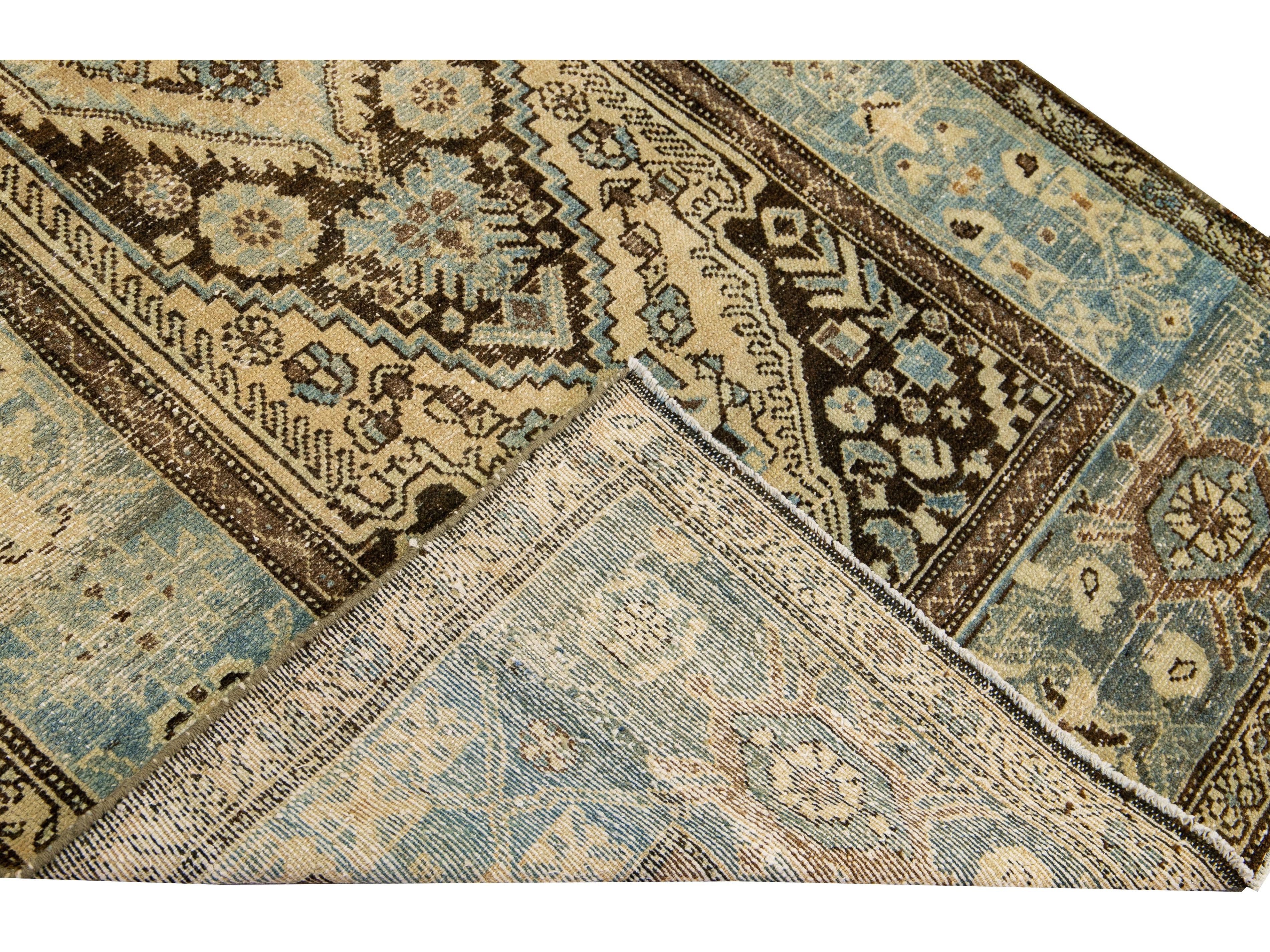 Antique Malayer Handmade Allover Designed Beige And Blue Wool Rug