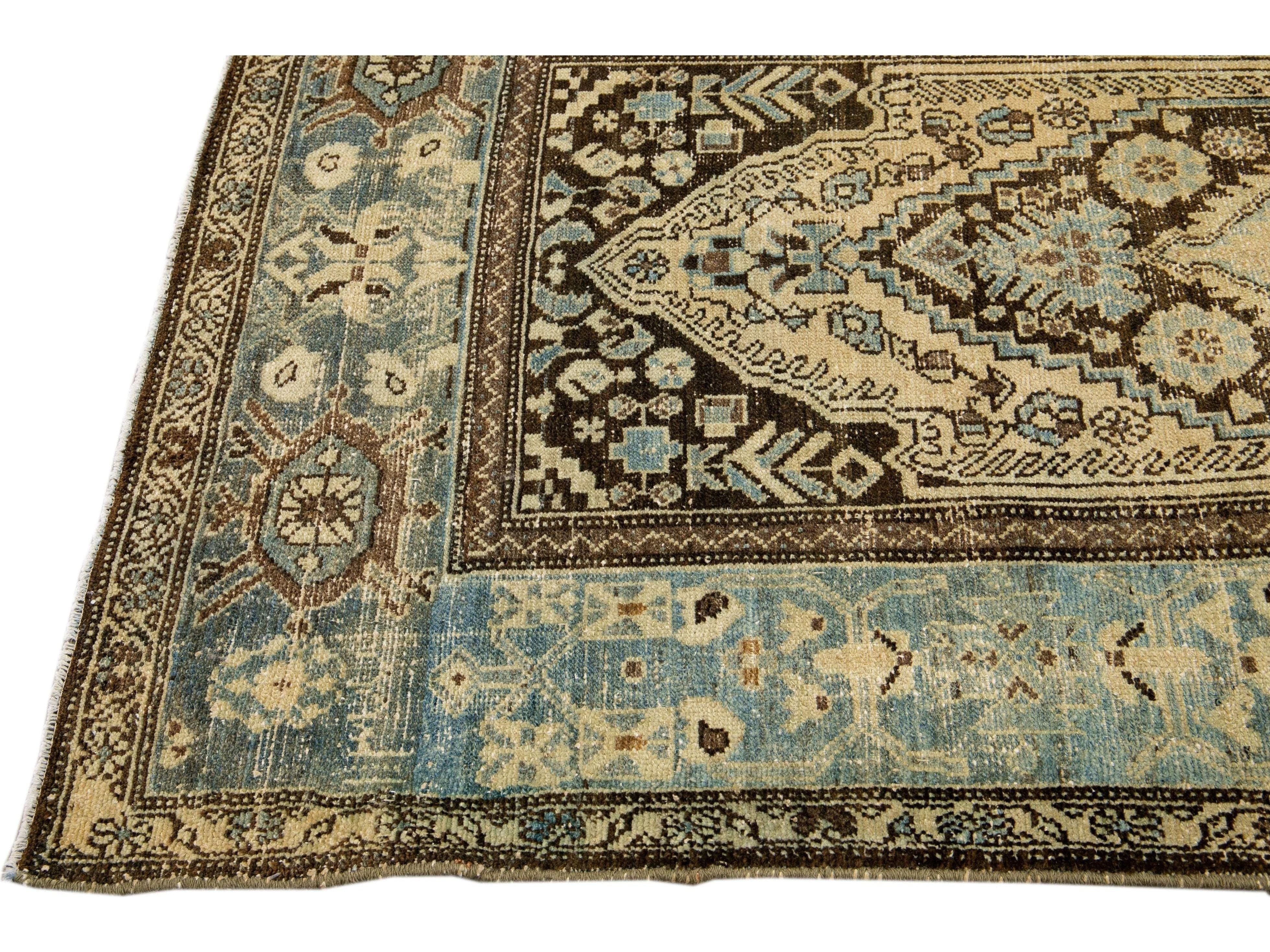 Antique Malayer Handmade Allover Designed Beige And Blue Wool Rug