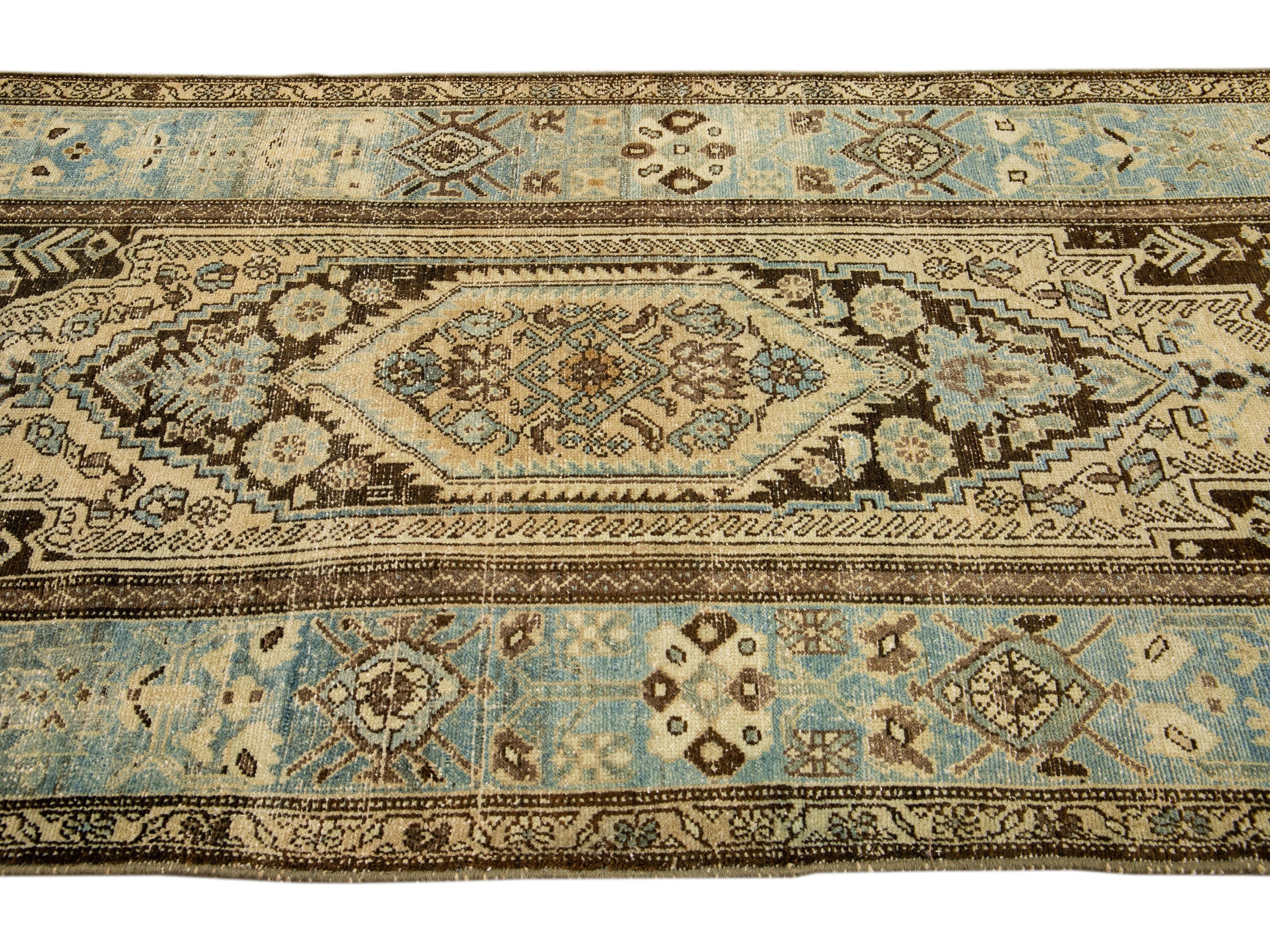 Antique Malayer Handmade Allover Designed Beige And Blue Wool Rug