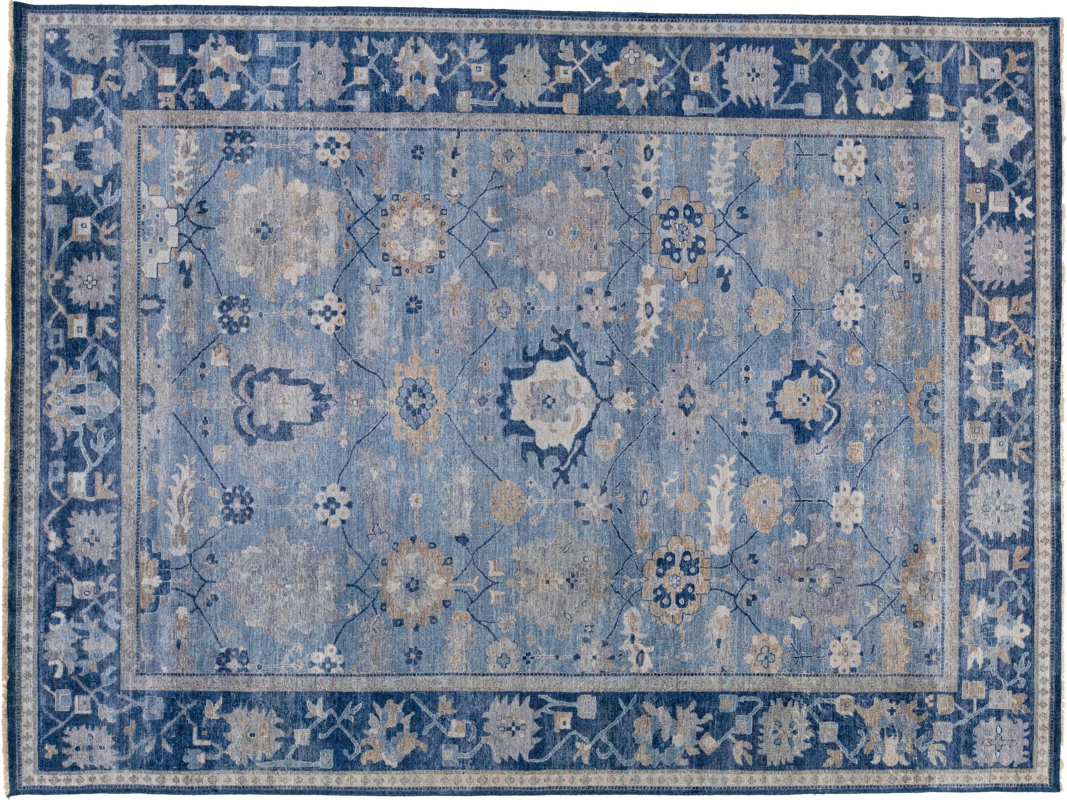 Blue Apadana's Artisan Collection Handmade Floral Designed Wool Rug
