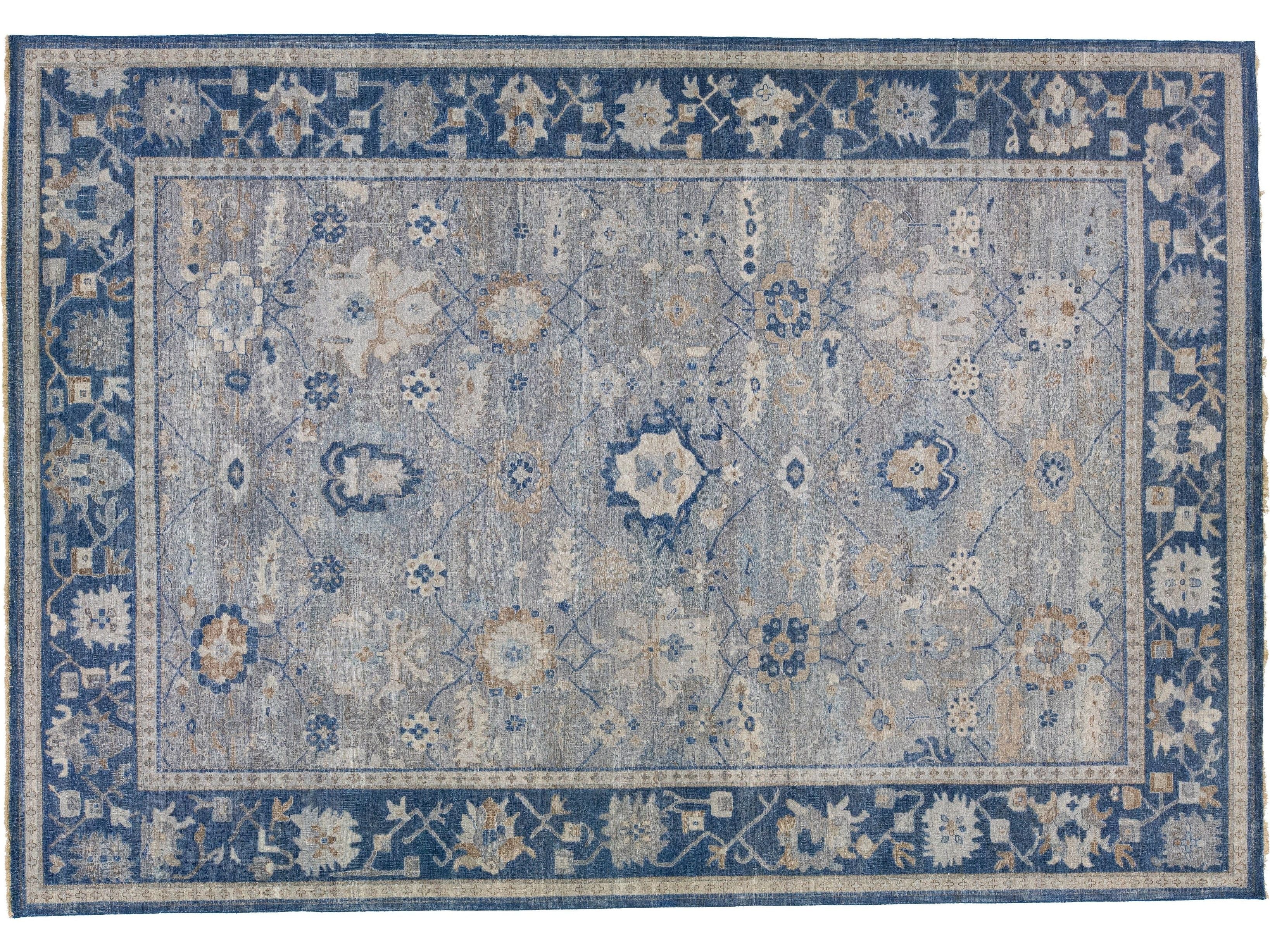 Apadana's Artisan Collection Handmade Floral Gray And Blue Wool Rug