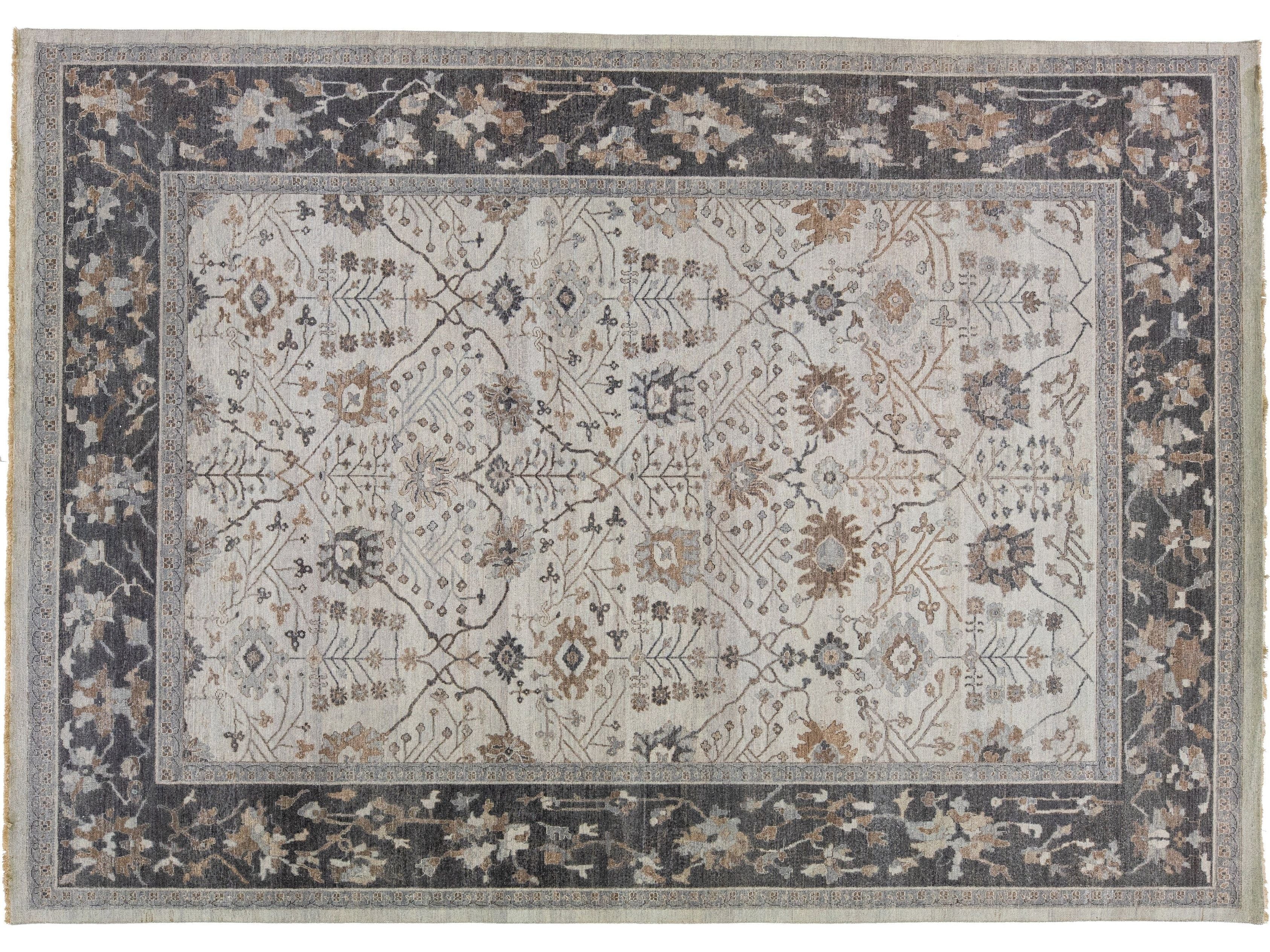 Apadana's Persian Tabriz Style Handmade Beige and Gray Wool Rug