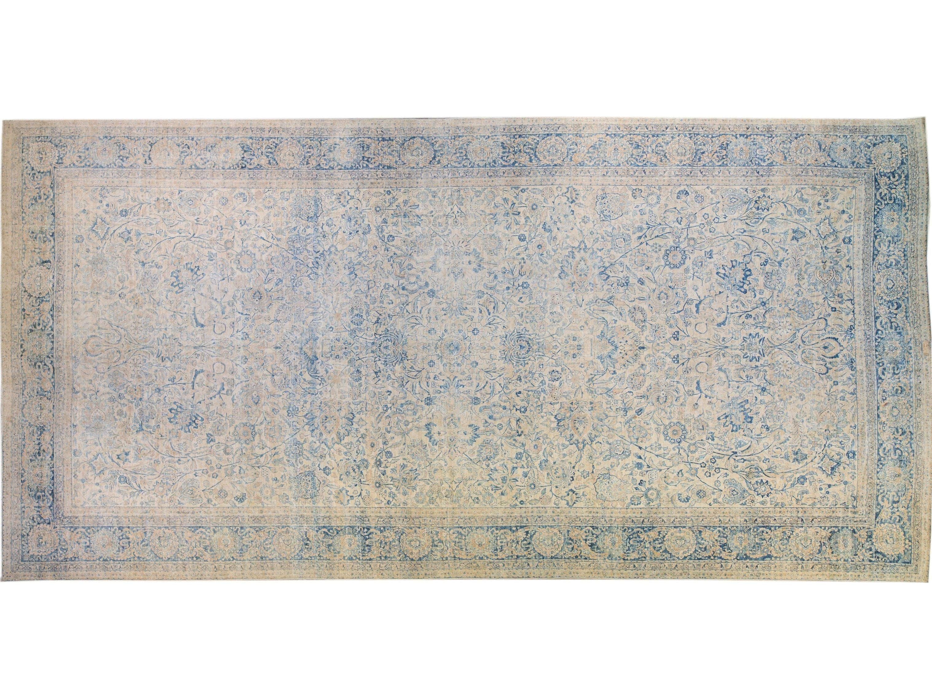 Long Antique Kerman Handmade Botanical Oversize Beige and Blue Wool Rug