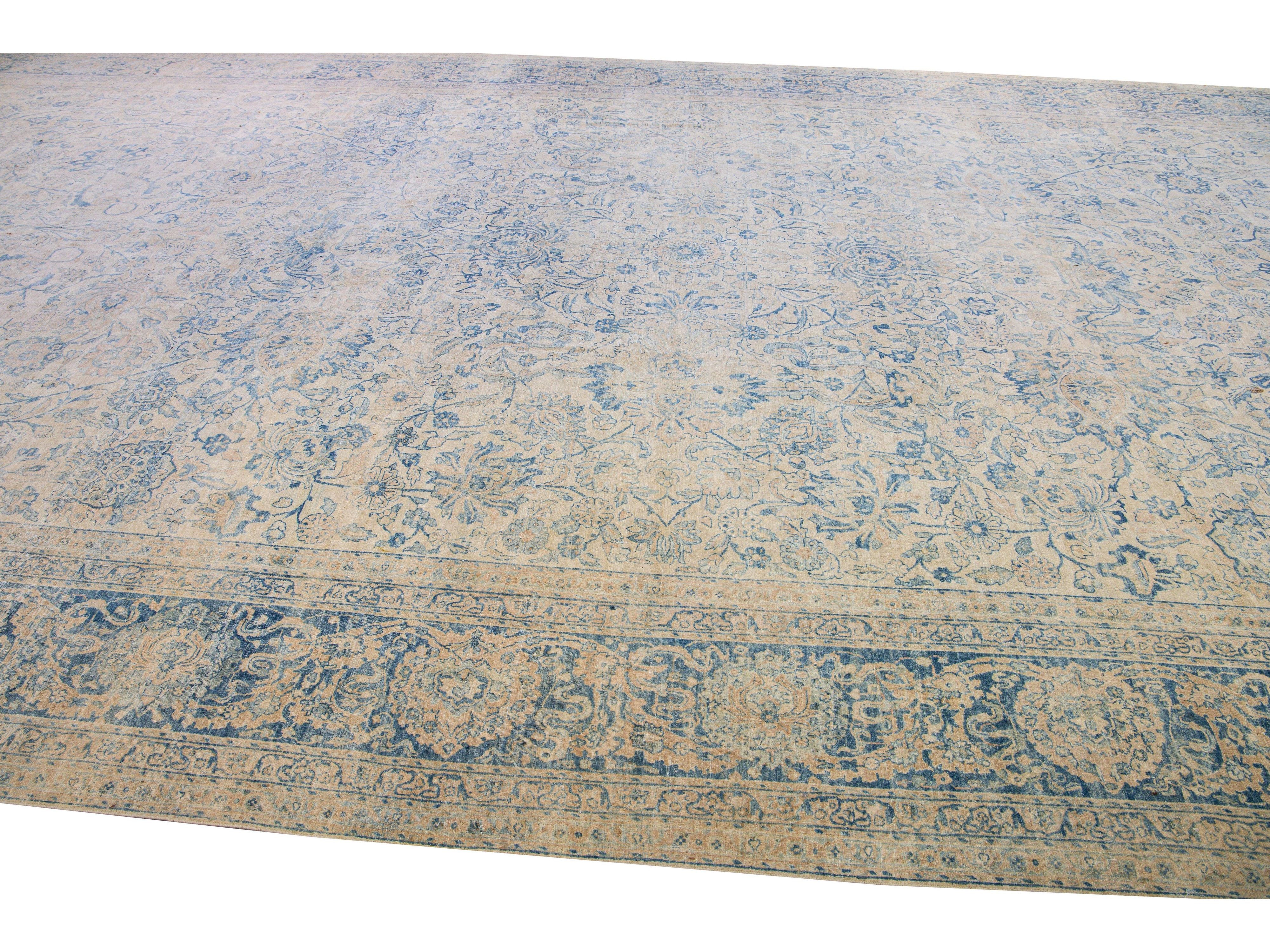 Long Antique Kerman Handmade Botanical Oversize Beige and Blue Wool Rug