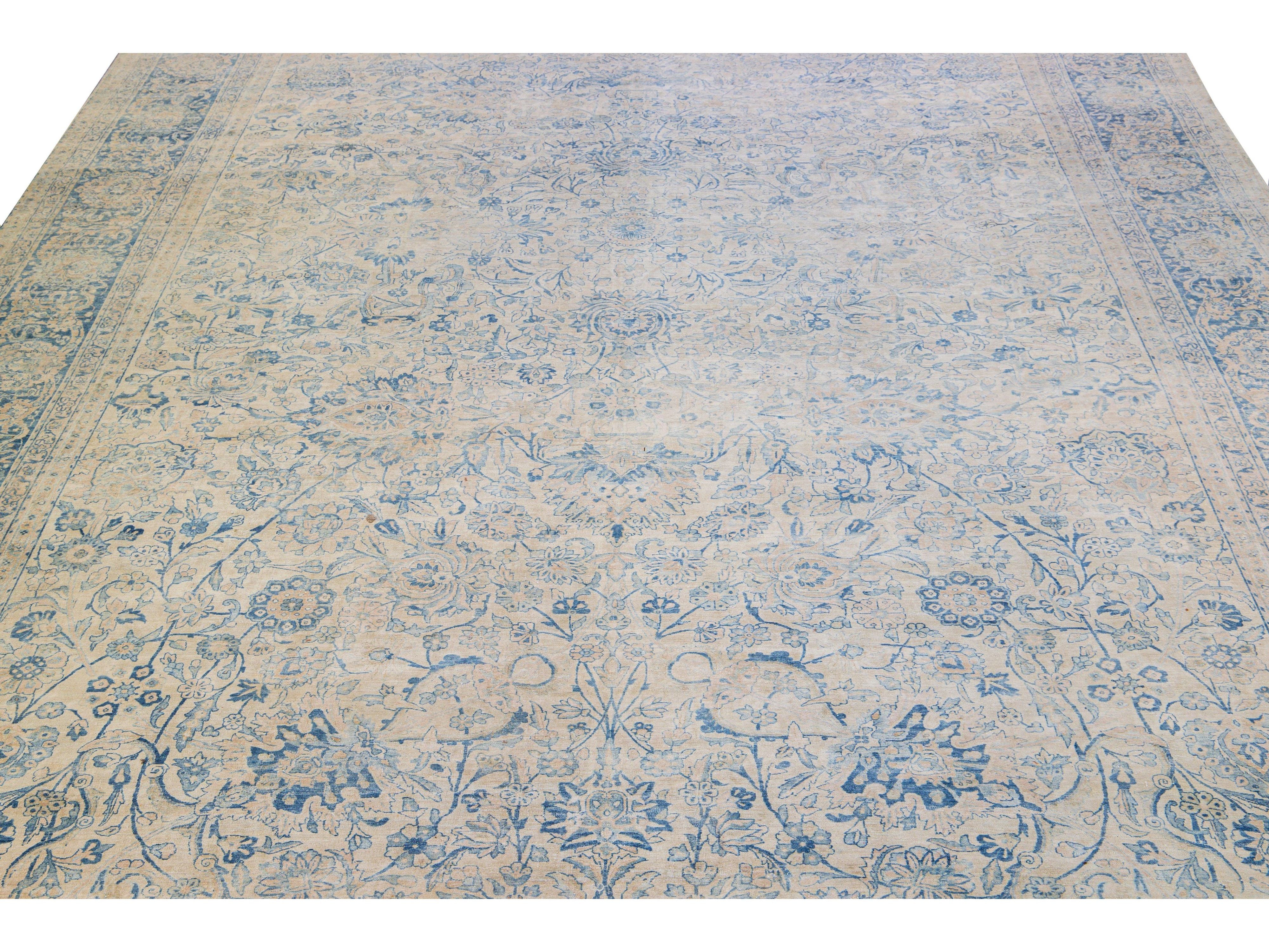Long Antique Kerman Handmade Botanical Oversize Beige and Blue Wool Rug