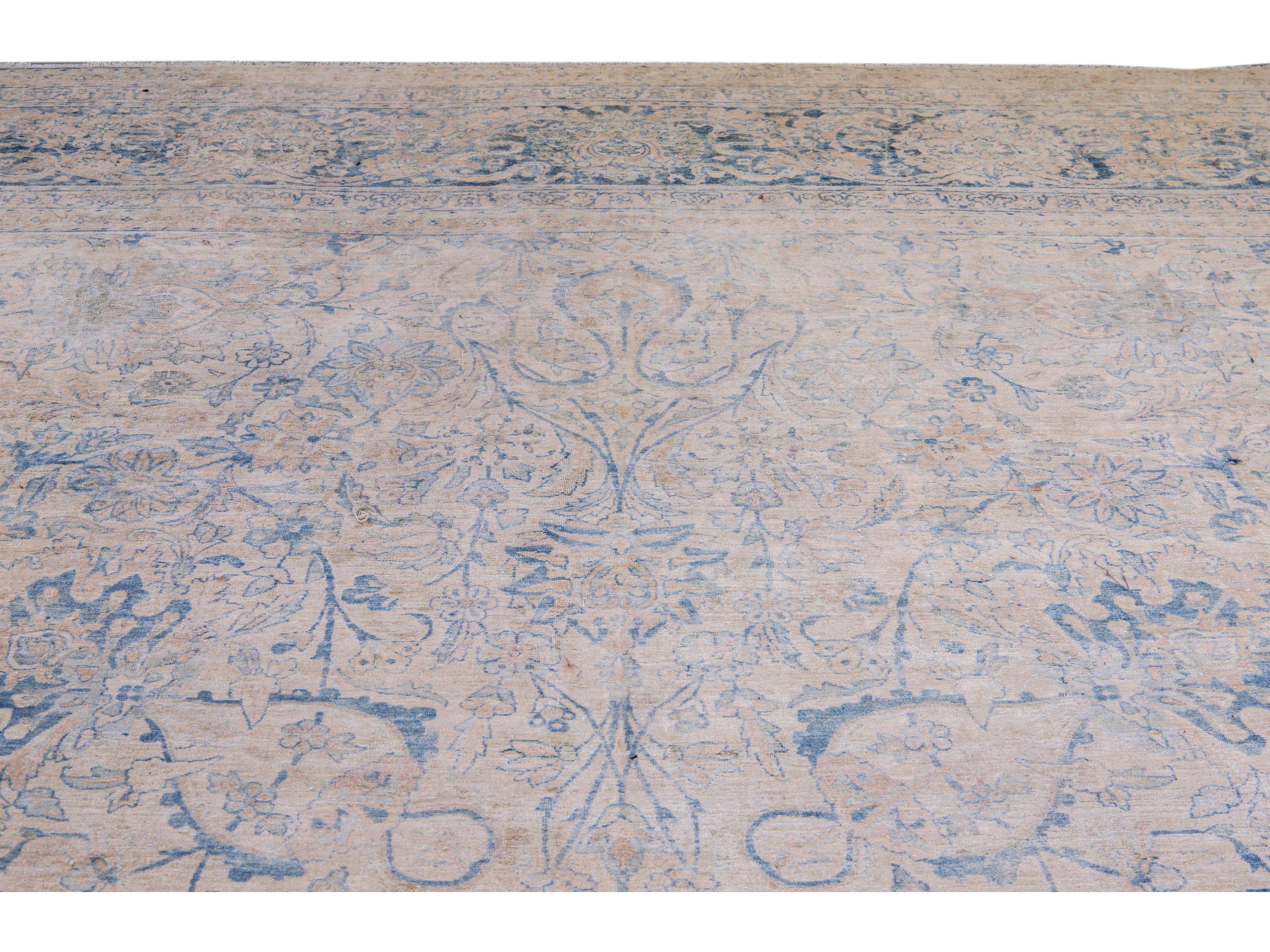 Long Antique Kerman Handmade Botanical Oversize Beige and Blue Wool Rug