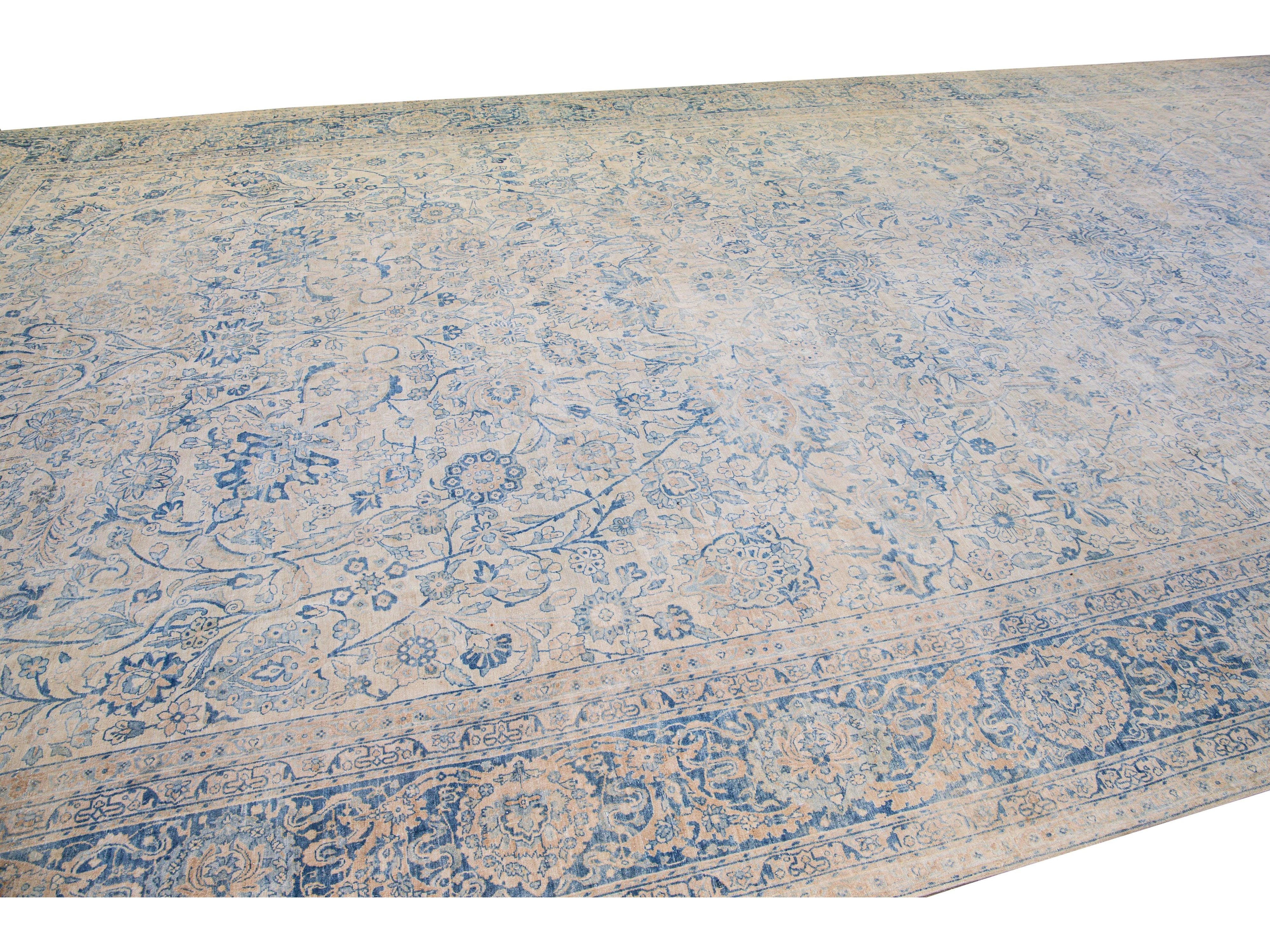 Long Antique Kerman Handmade Botanical Oversize Beige and Blue Wool Rug