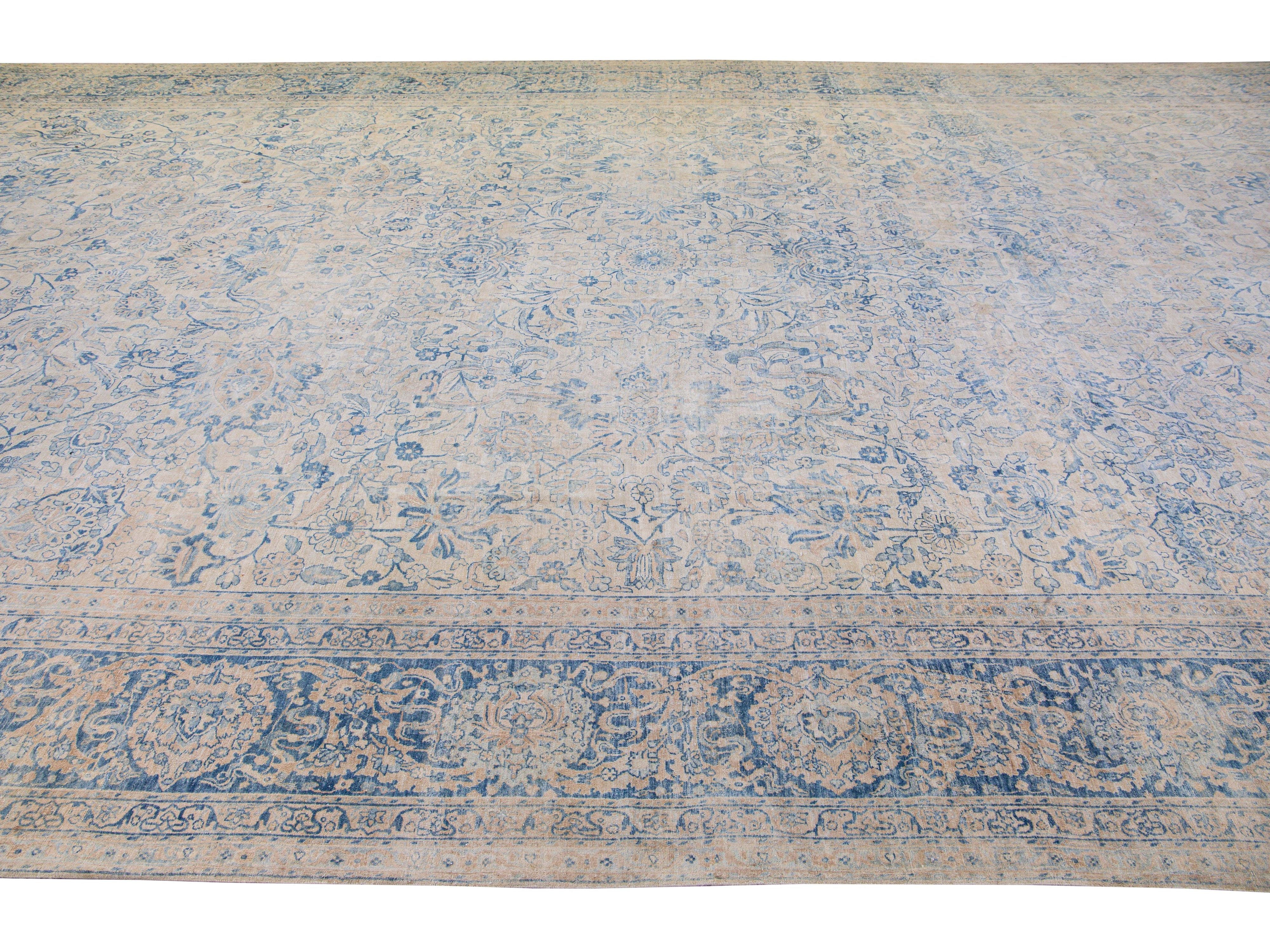 Long Antique Kerman Handmade Botanical Oversize Beige and Blue Wool Rug