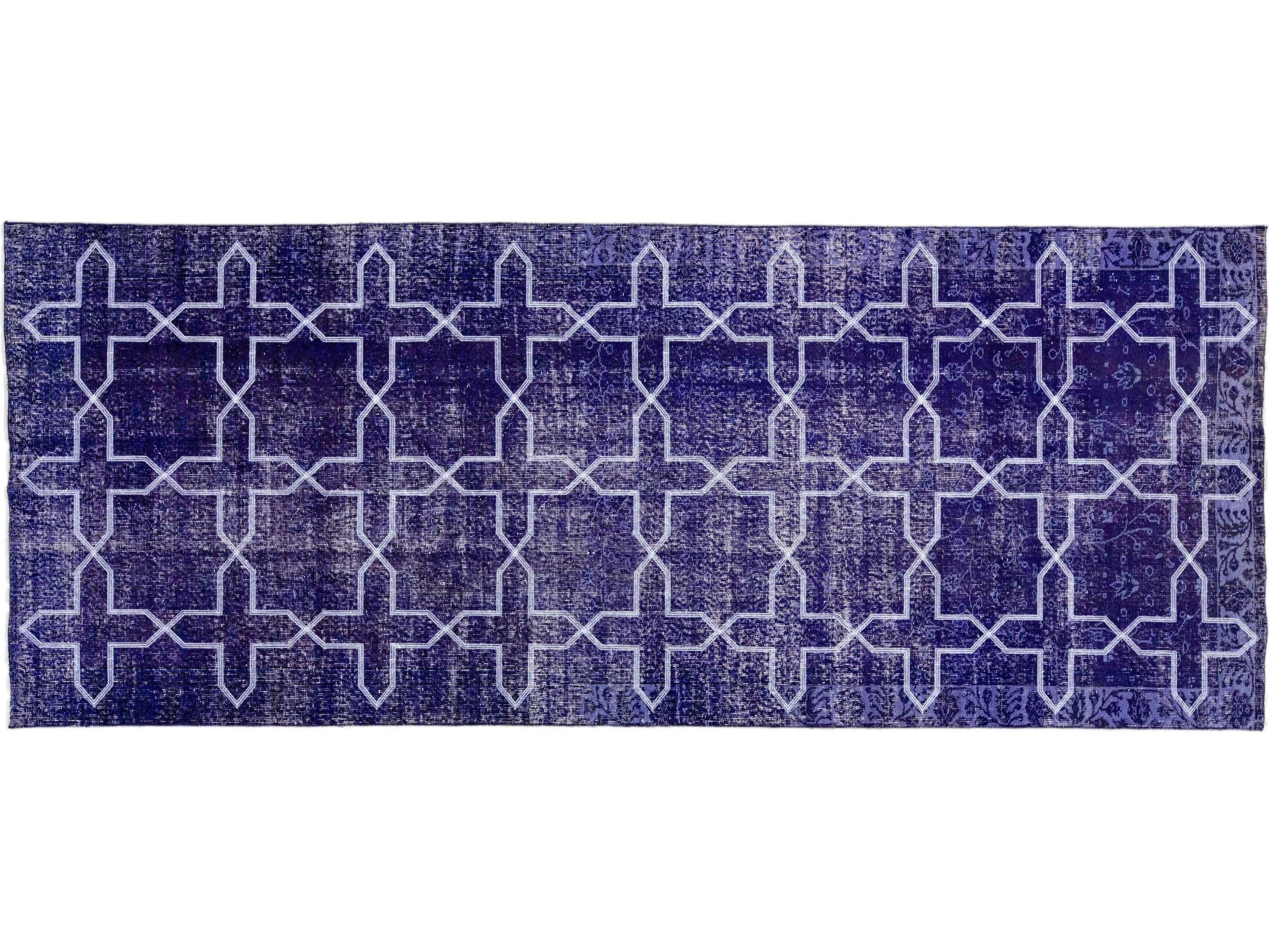 Modern Blue Turkish Handmade Geometric Pattern Wool Gallery Rug