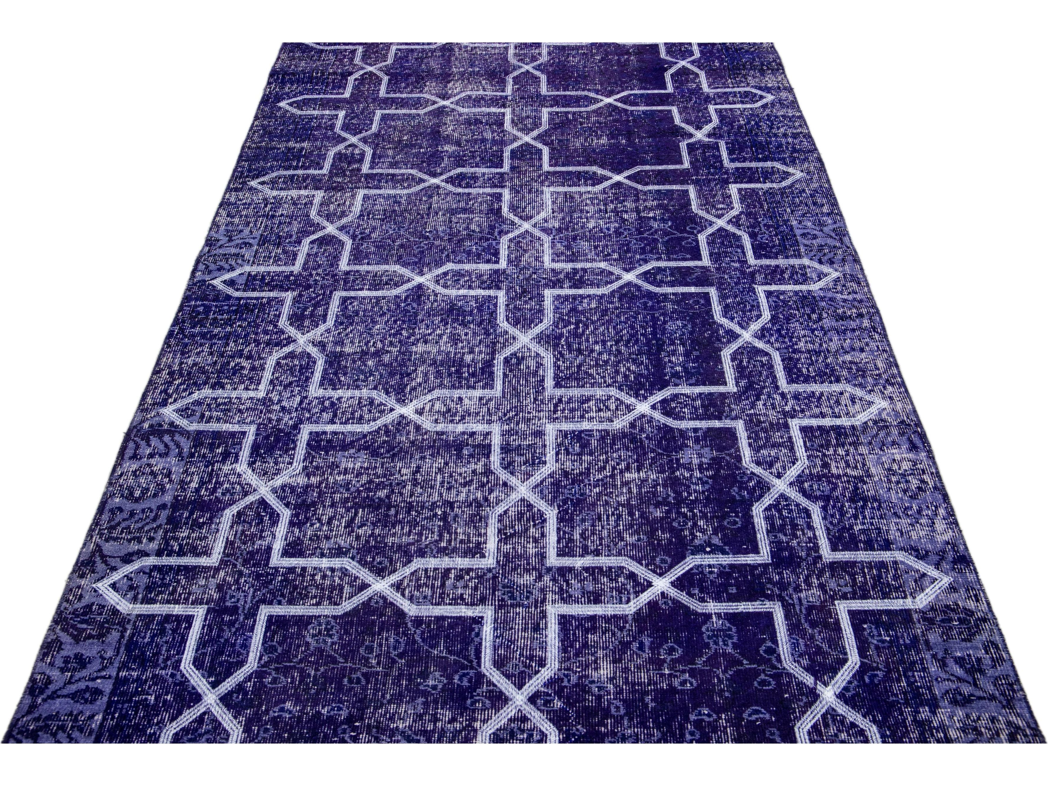 Modern Blue Turkish Handmade Geometric Pattern Wool Gallery Rug