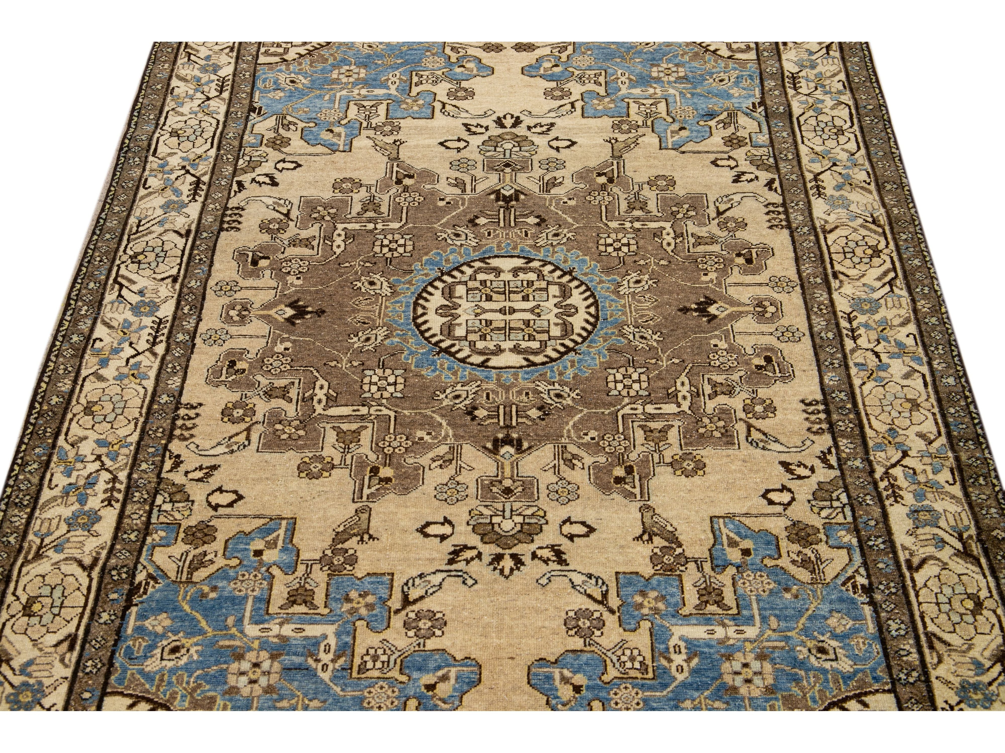 Antique Malayer Handmade Medallion Designed Beige Wool Rug