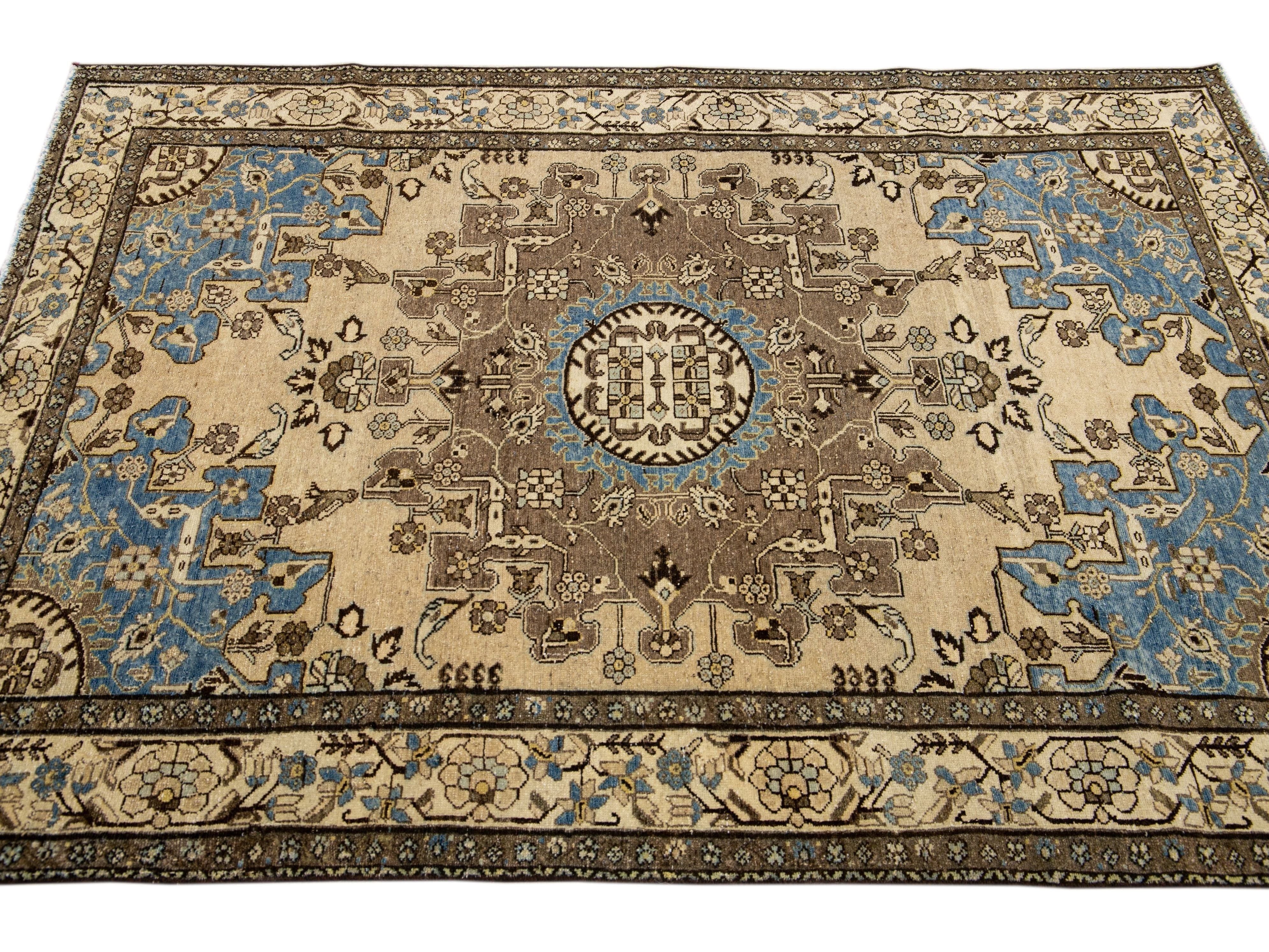 Antique Malayer Handmade Medallion Designed Beige Wool Rug