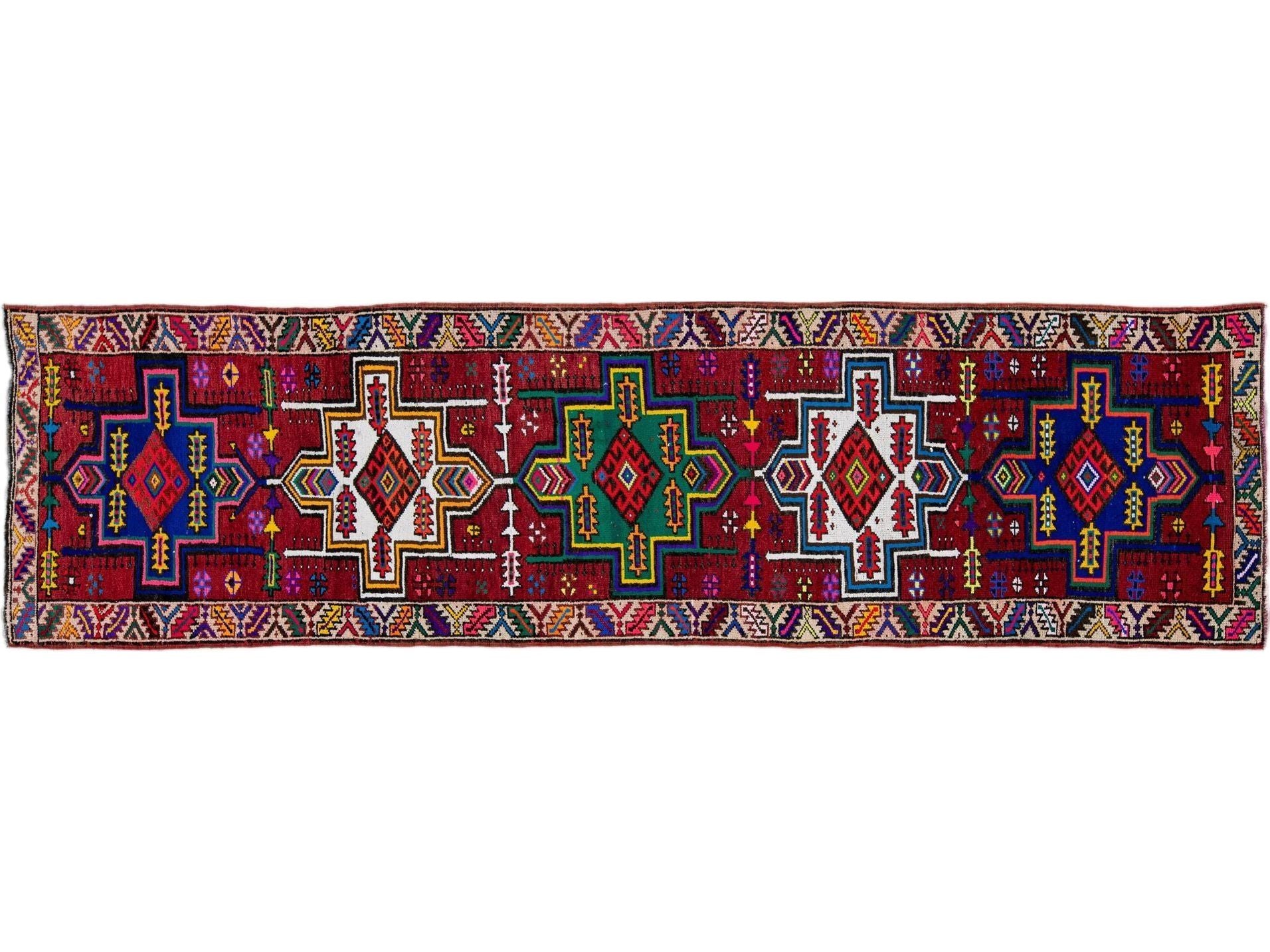Red Vintage Turkish Handmade Multicolor Tribal Pattern Wool Runner